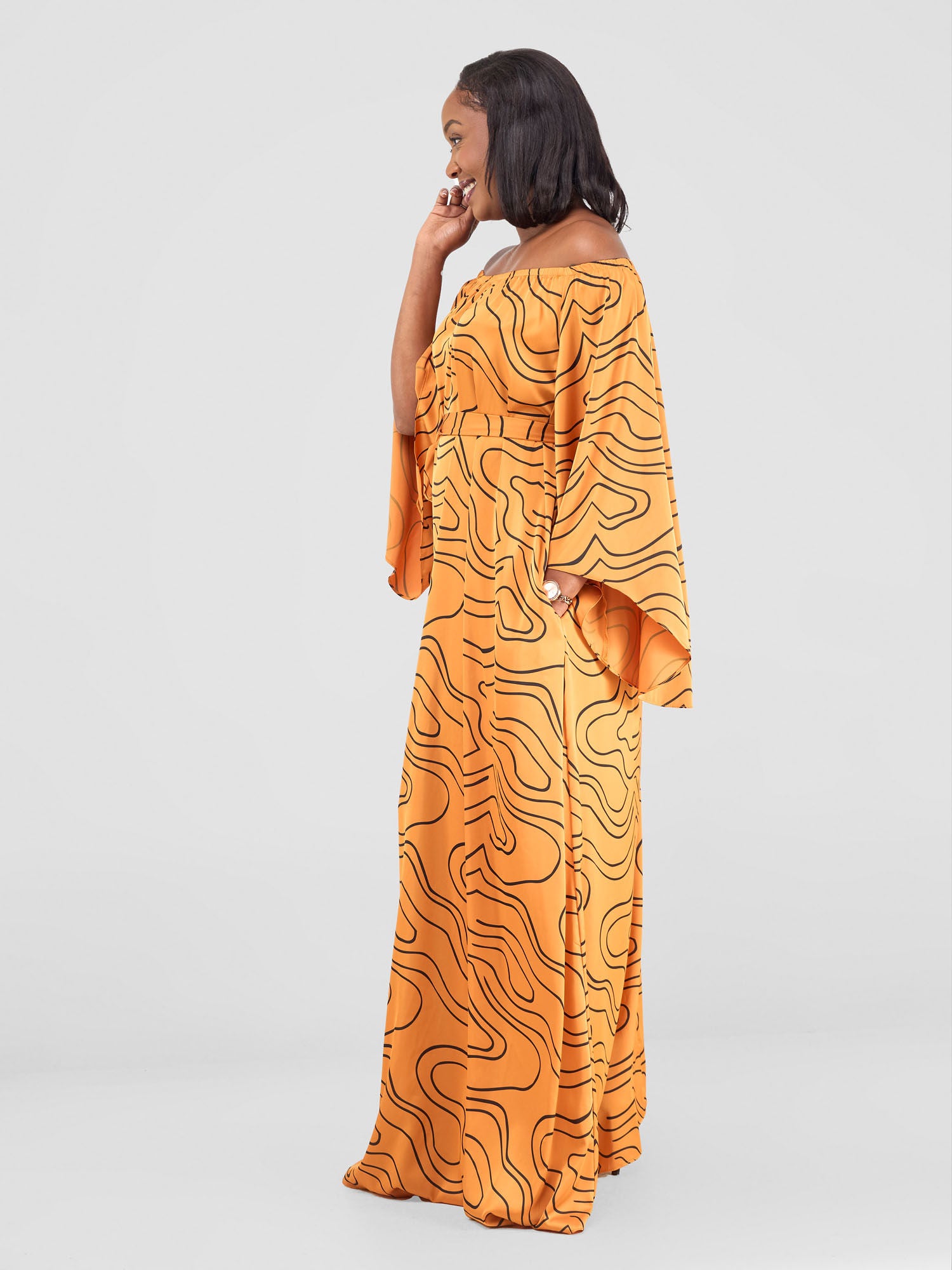 Vivo Sanali Off - Shoulder Maxi Dress - Mustard / Black Hini Print