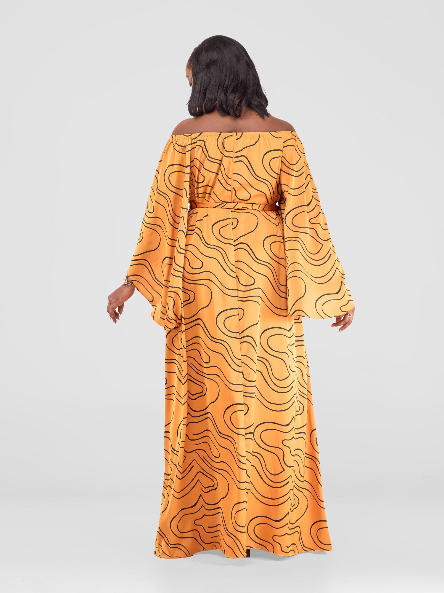 Vivo Sanali Off - Shoulder Maxi Dress - Mustard / Black Hini Print