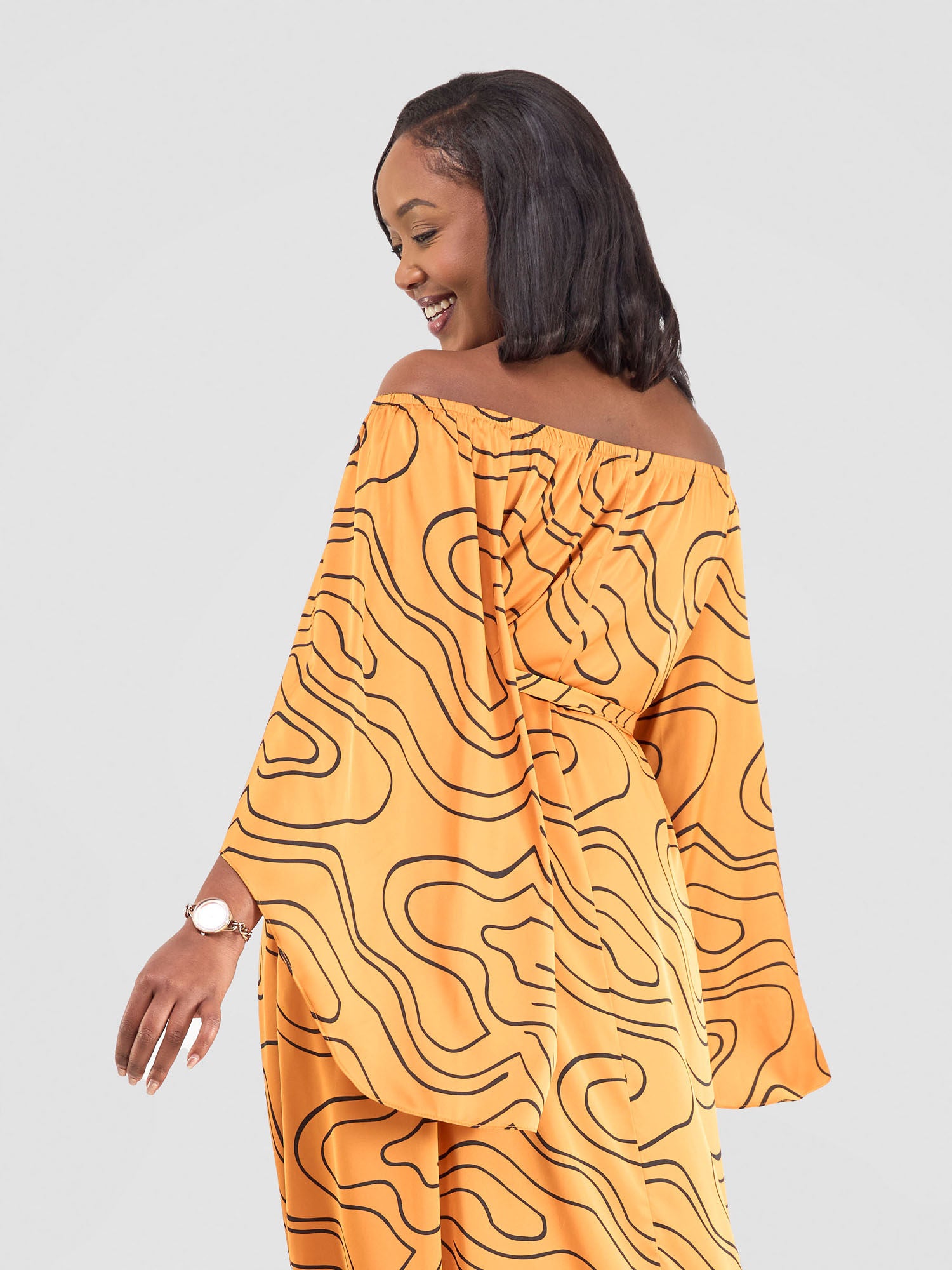 Vivo Sanali Off - Shoulder Maxi Dress - Mustard / Black Hini Print