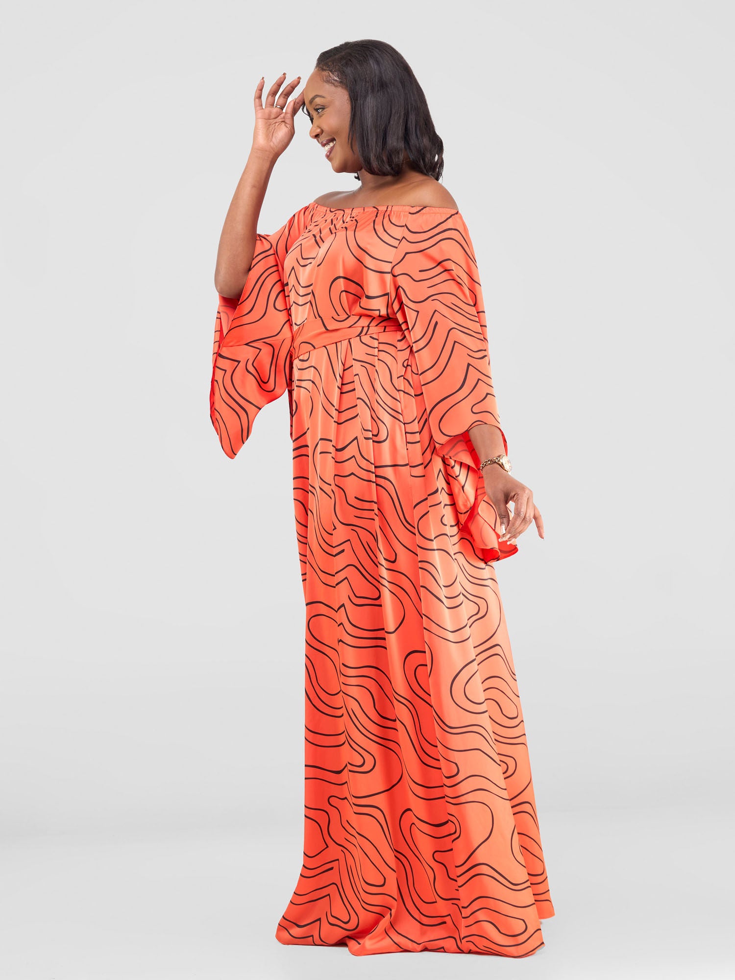 Vivo Sanali Off - Shoulder Maxi Dress - Orange / Black Hini Print