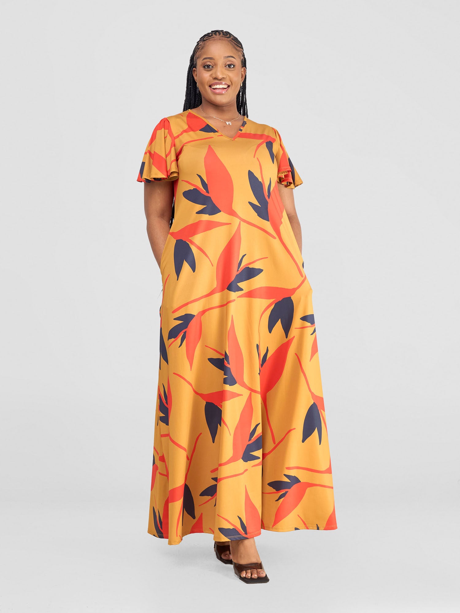 Vivo Ruwa Flounce Sleeve Tent Maxi Dress - Navy / Orange Mizan Print