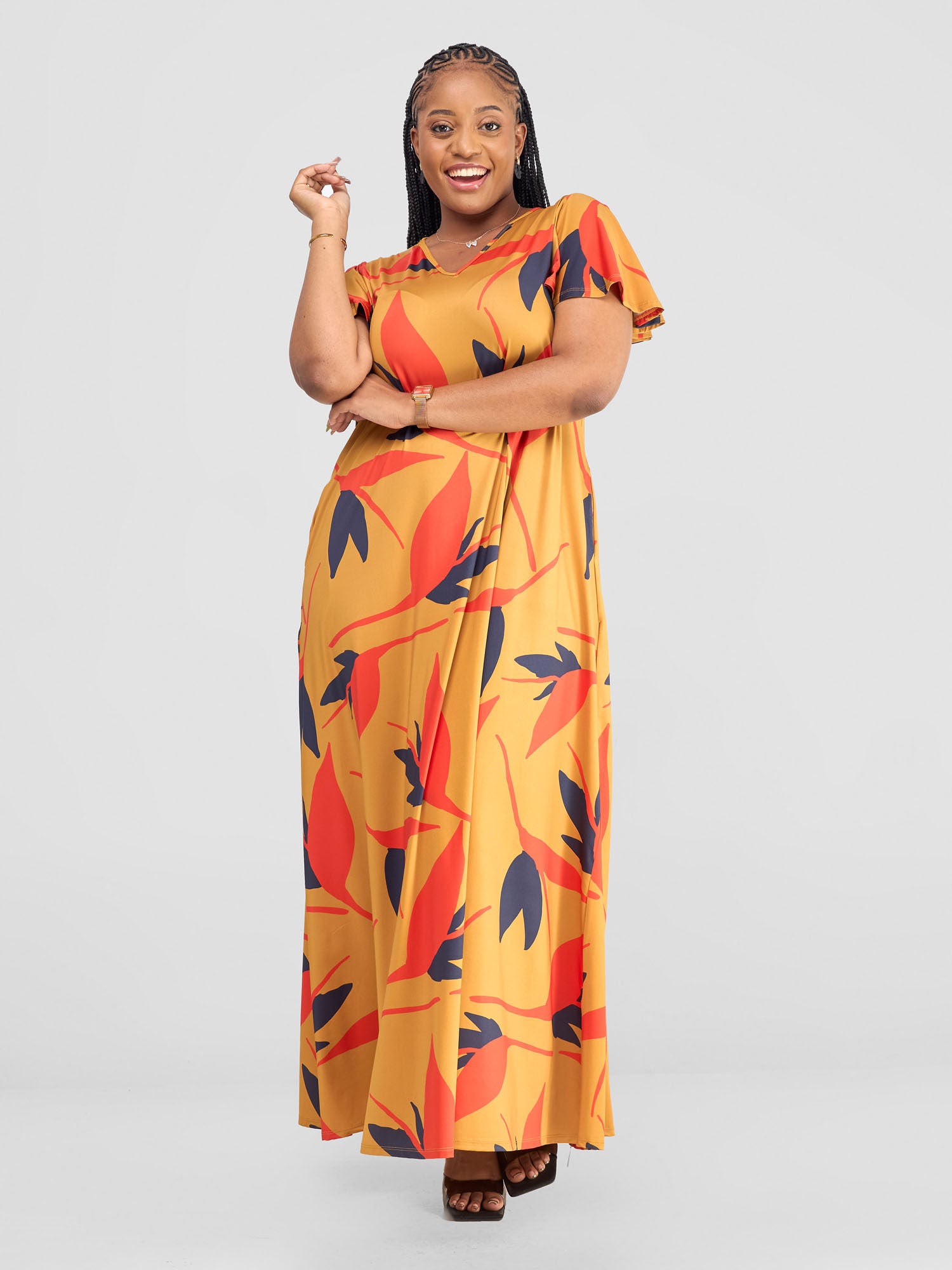 Vivo Ruwa Flounce Sleeve Tent Maxi Dress - Navy / Orange Mizan Print