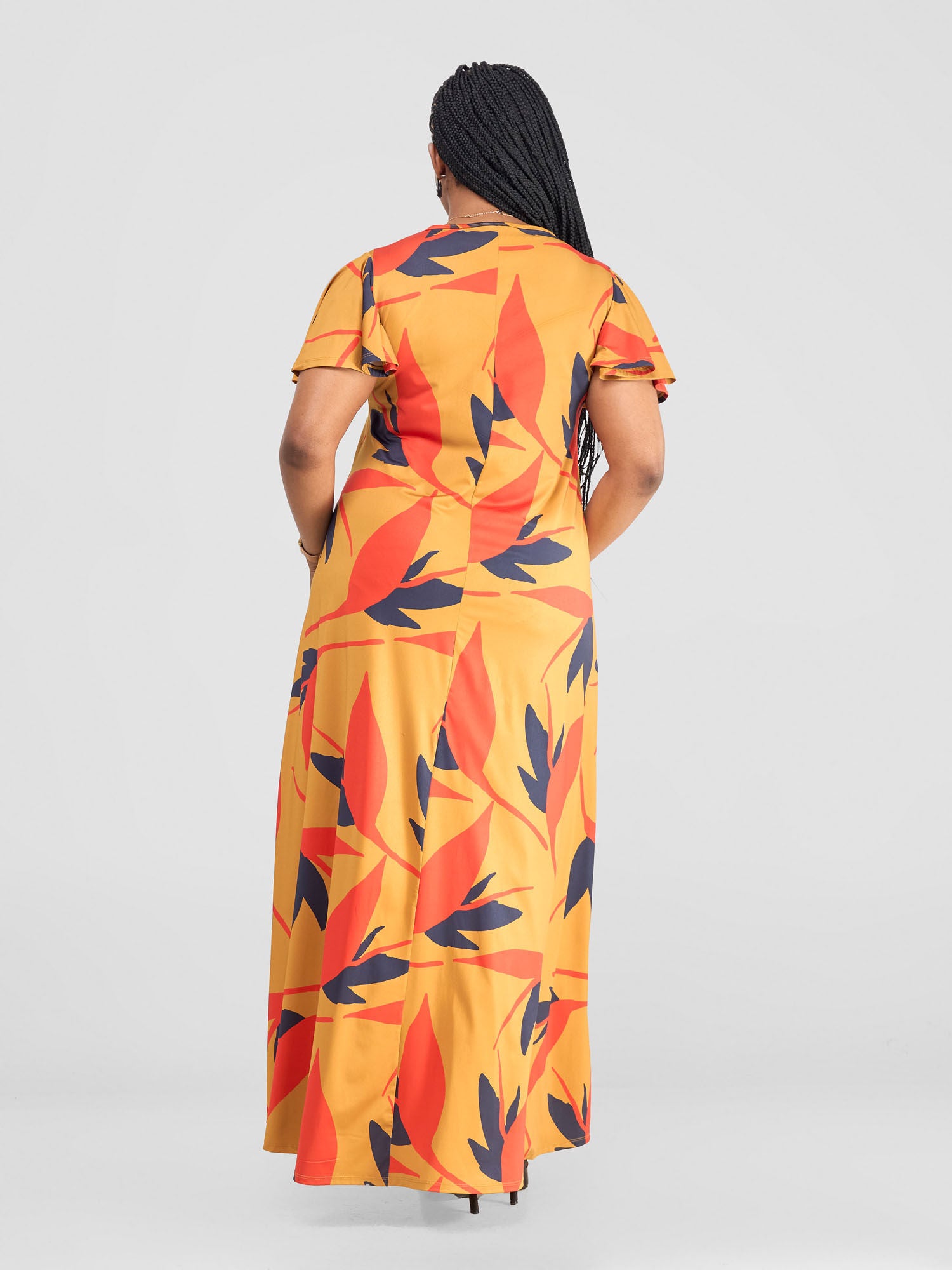 Vivo Ruwa Flounce Sleeve Tent Maxi Dress - Navy / Orange Mizan Print