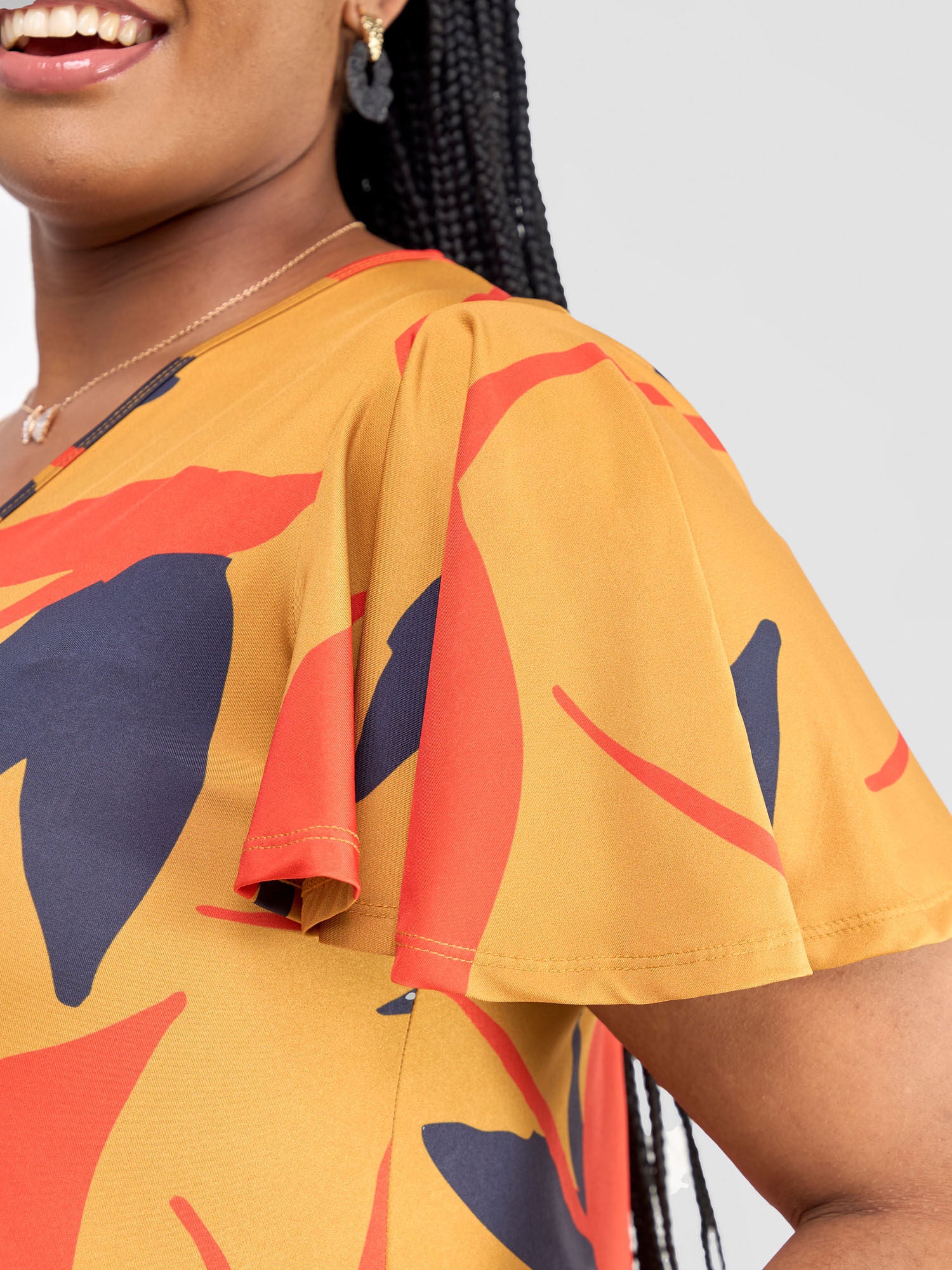 Vivo Ruwa Flounce Sleeve Tent Maxi Dress - Navy / Orange Mizan Print