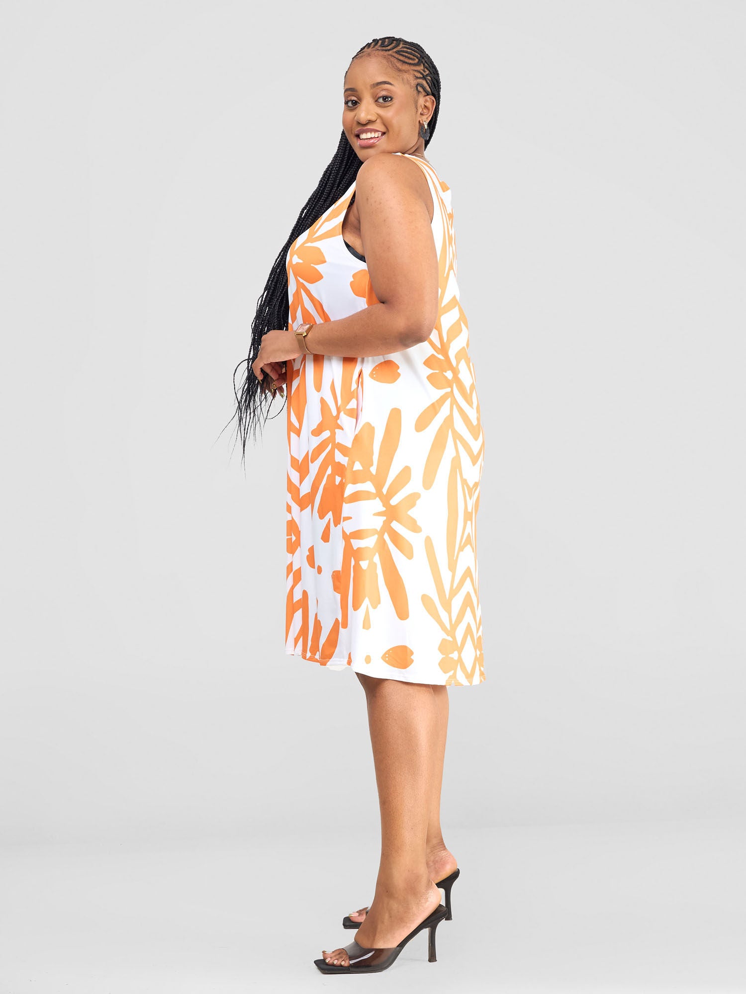 Vivo Amara Back Pleat Dress - Orange / White Ukwi Print