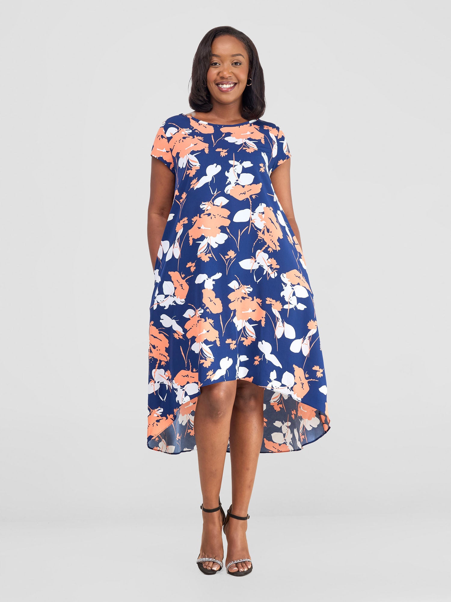 Vivo Jema High Low Tent Dress Navy White Floral Print Vivo