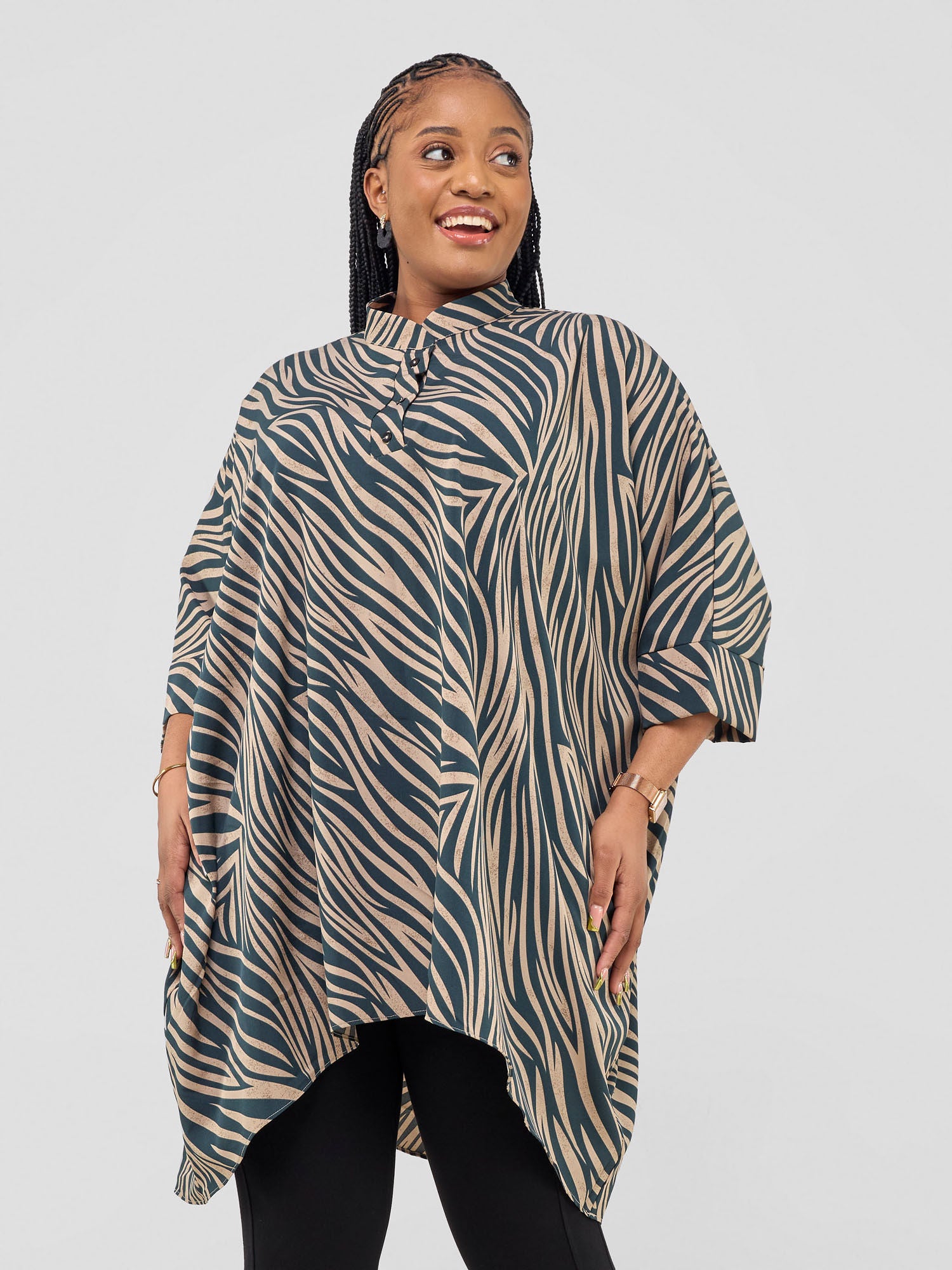 Vivo Mistari 3/4 Sleeve  V - Neck Collared Tunic Top - Taupe / Navy Stripped Print