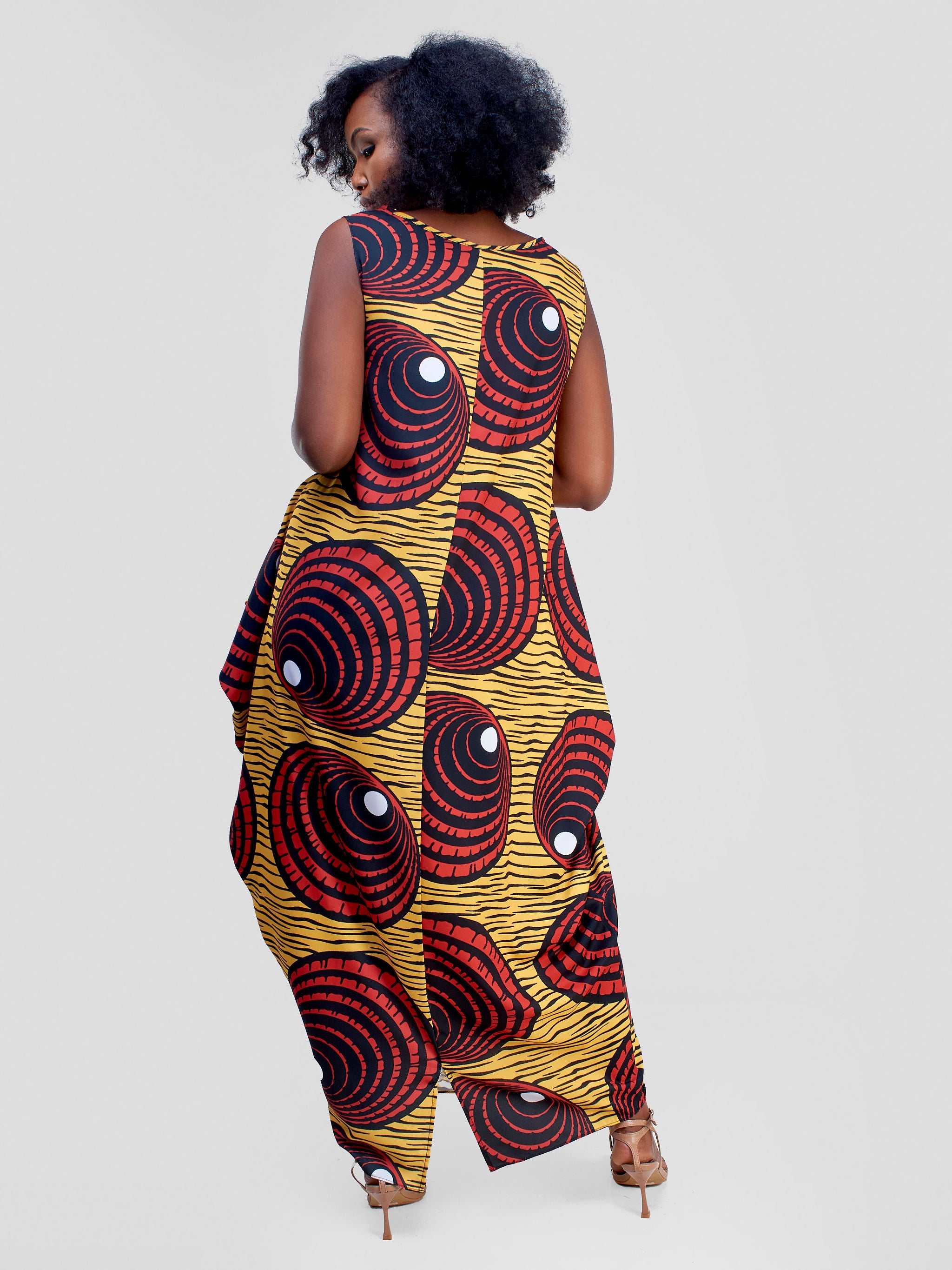 Vivo Alek Side Cowl Sleeveless Maxi Dress - Yellow / Red Abstract Print