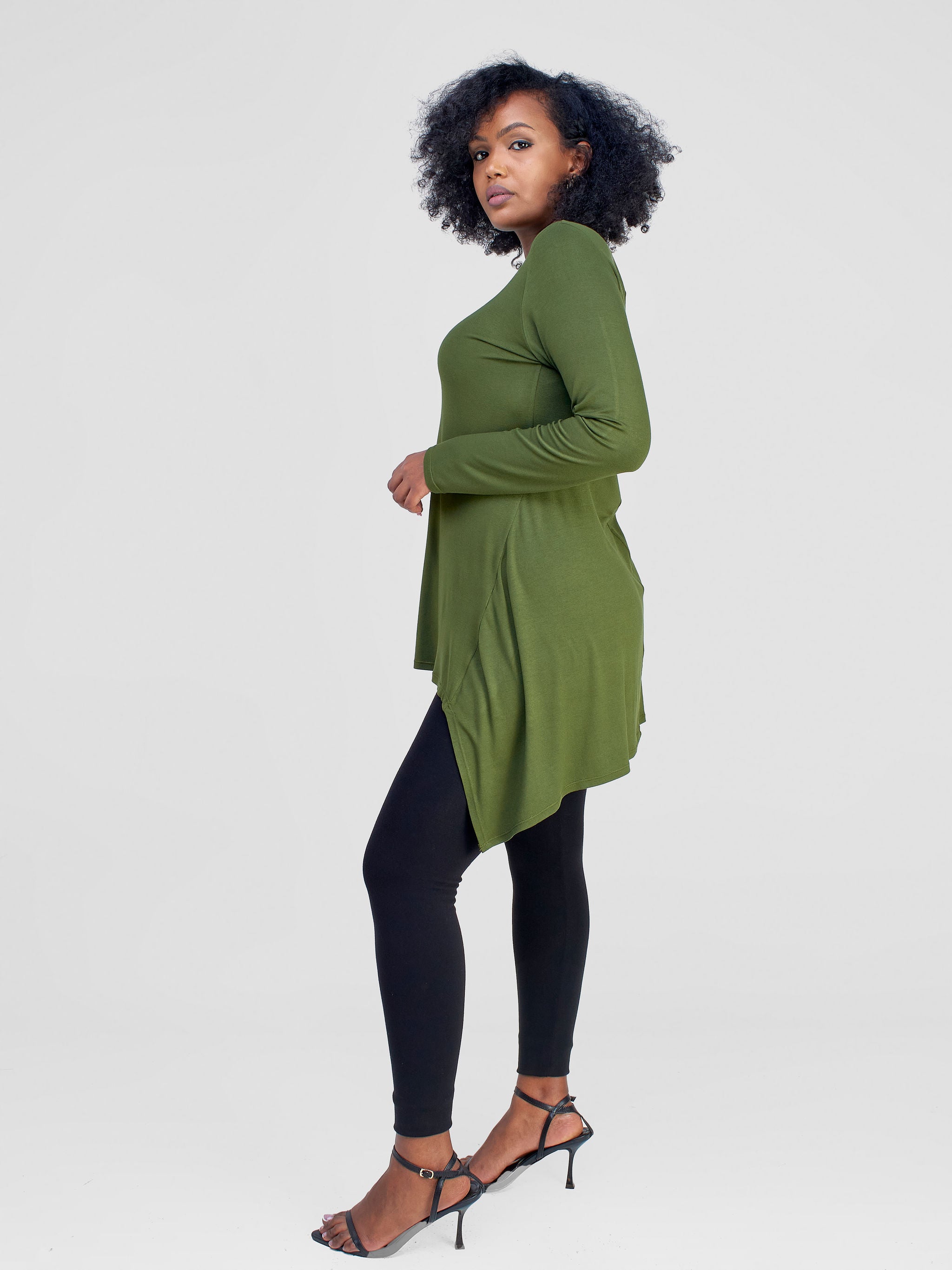 Vivo Wingu Long Sleeve Side Drape Tunic Top- Hunters Green