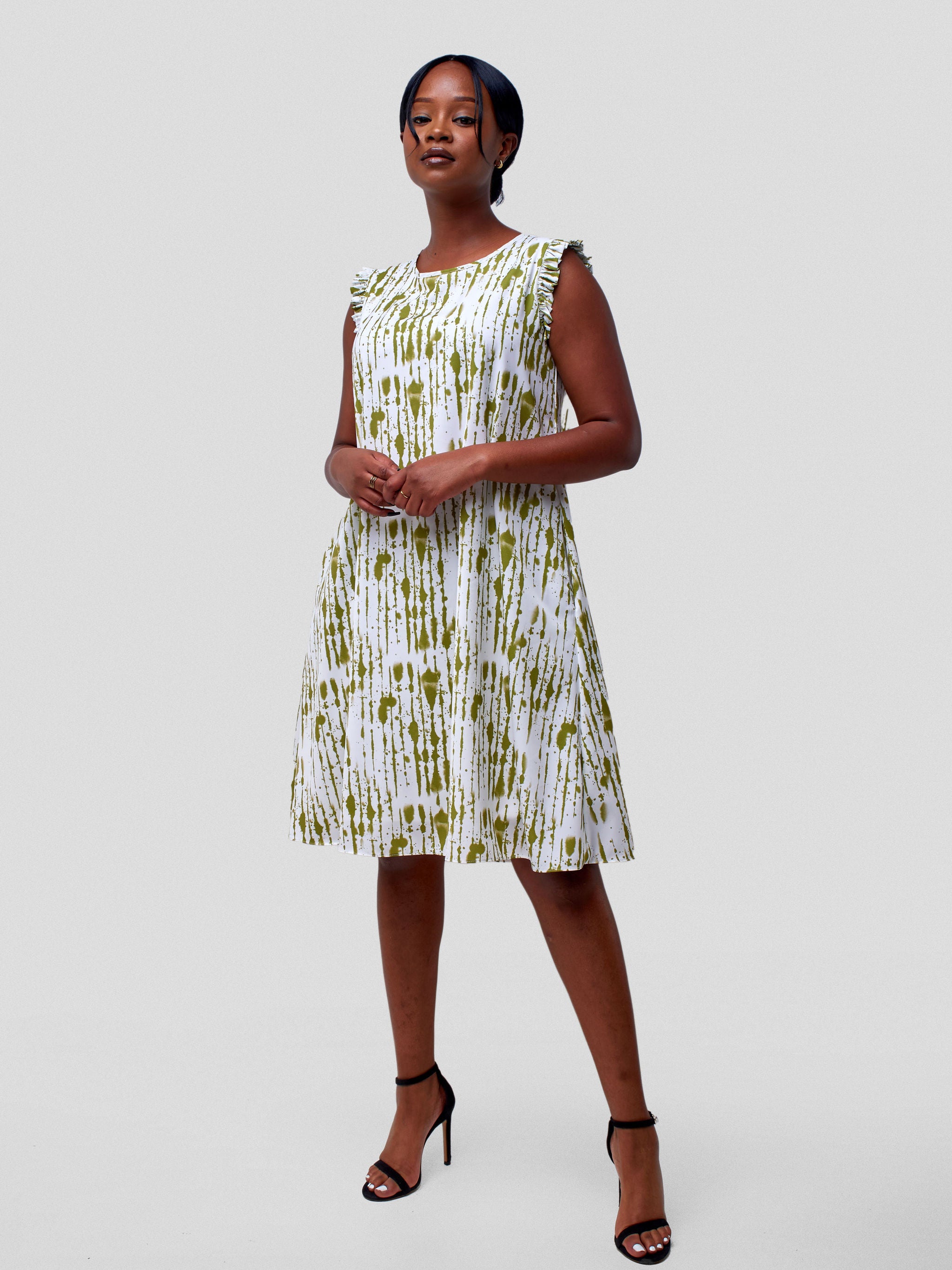 Vivo Ava Tent Knee Length Dress - Olive Green / White Mistari Print