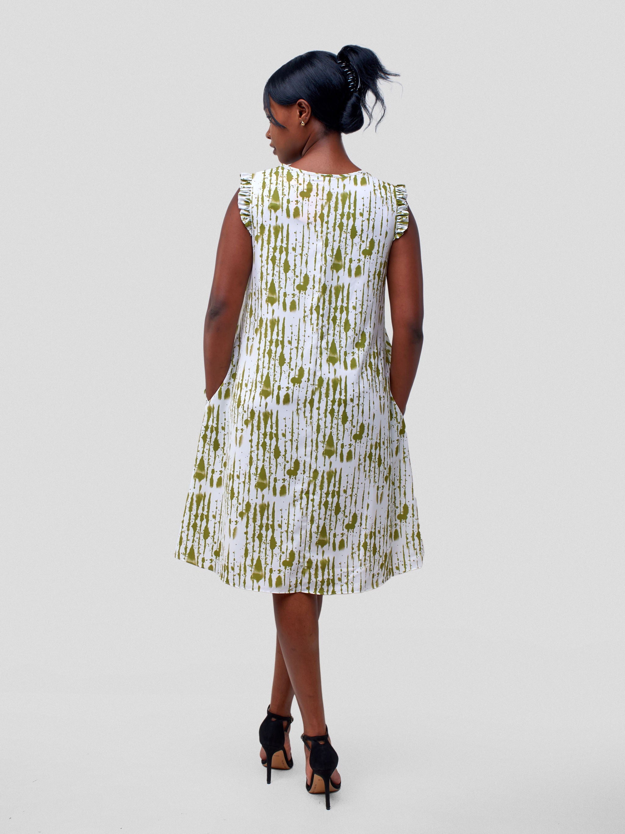 Vivo Ava Tent Knee Length Dress - Olive Green / White Mistari Print