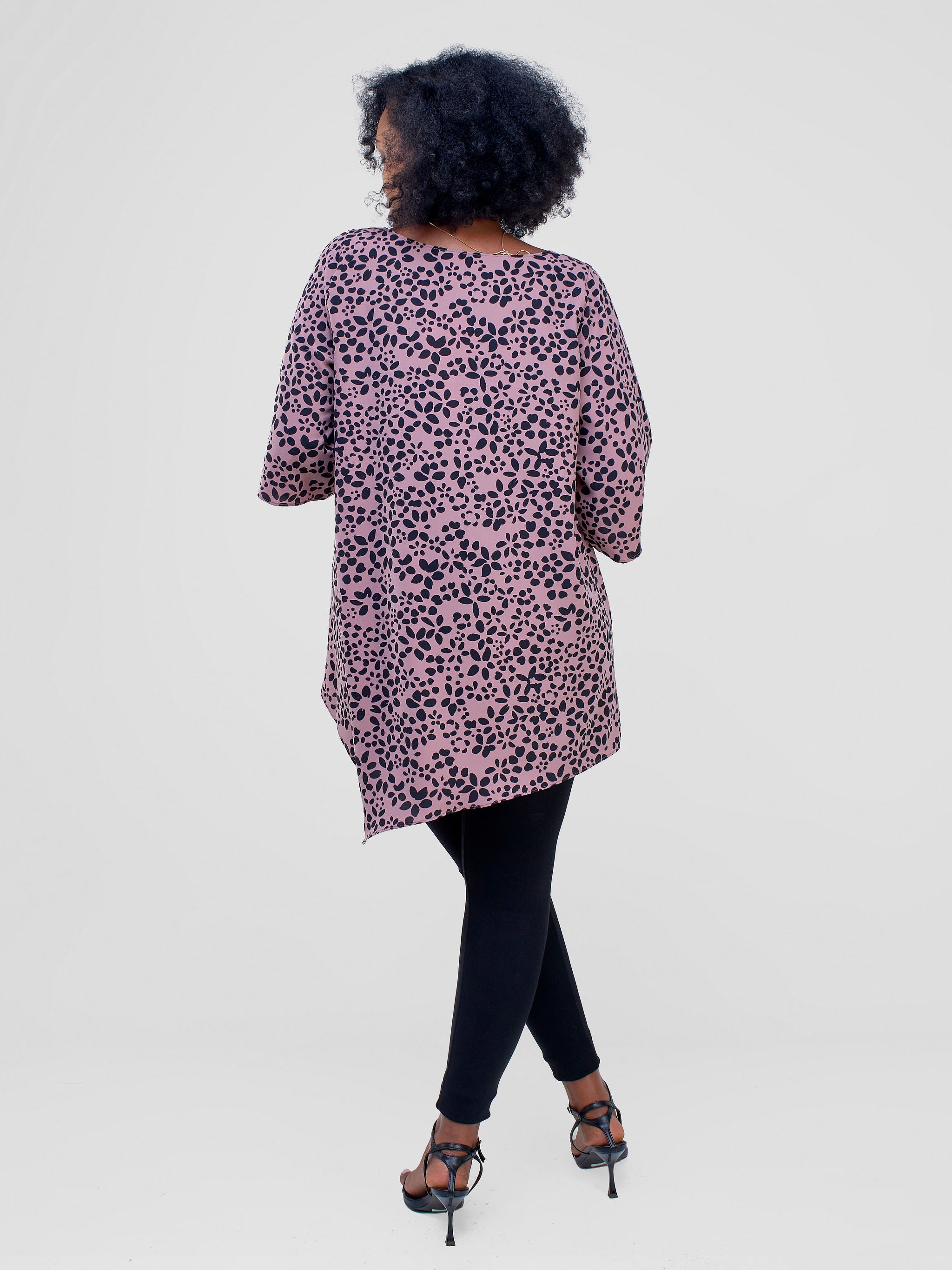 Vivo Sana Asymmetrical Angel Sleeve Top - Brown / Black Print