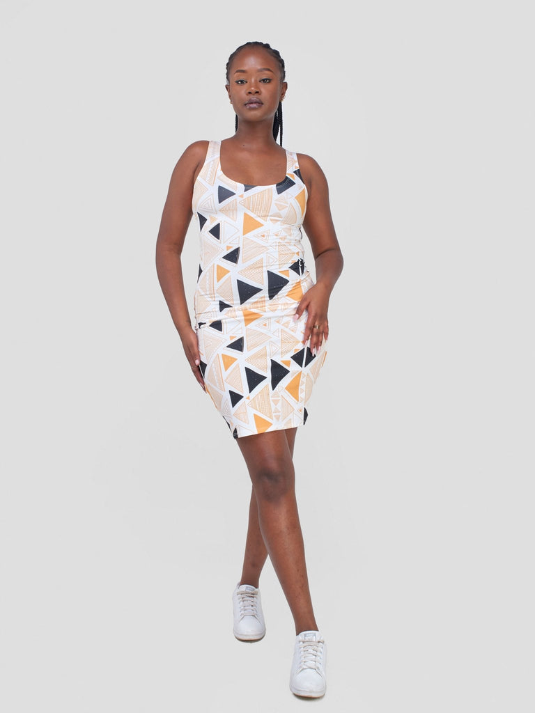 Zoya Essentials Midi Bodycon - White / Mustard Geometric Print - Shopzetu