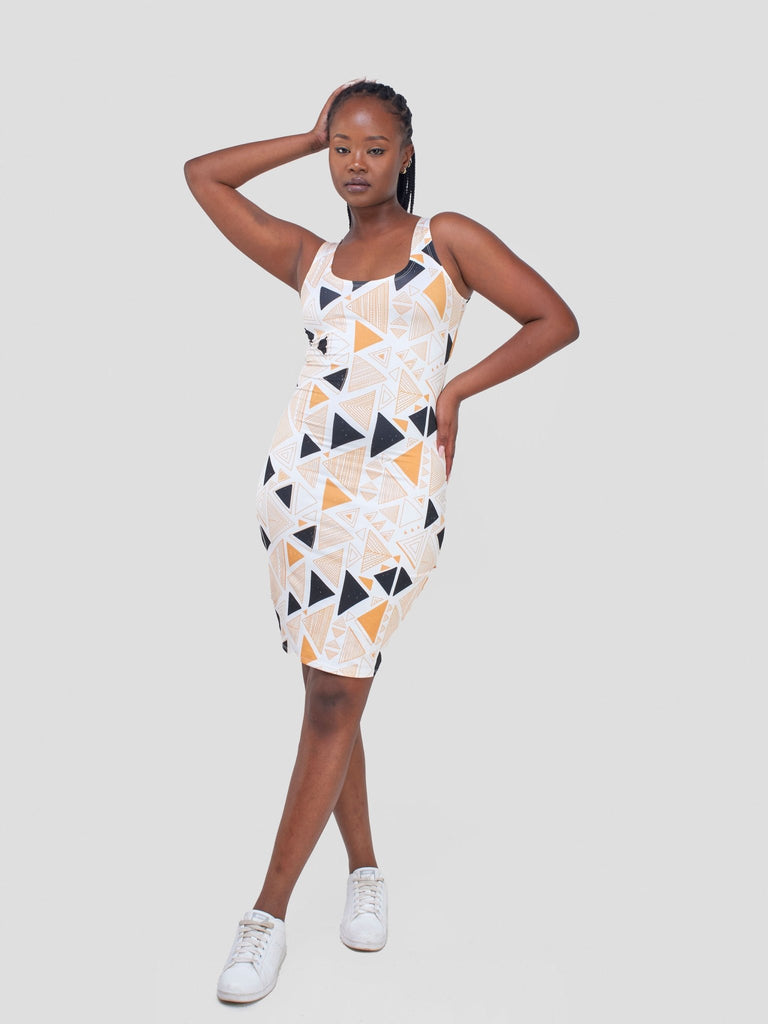Zoya Essentials Midi Bodycon - White / Mustard Geometric Print - Shopzetu