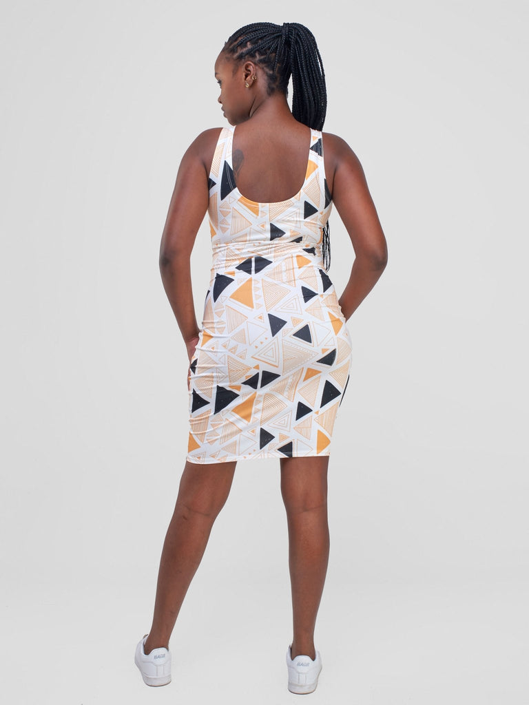 Zoya Essentials Midi Bodycon - White / Mustard Geometric Print - Shopzetu