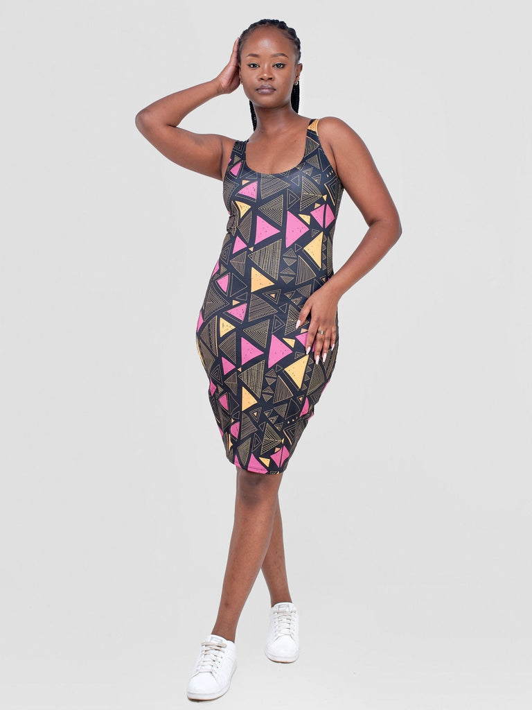 Zoya Essentials Midi Bodycon - Black / Purple Geometric Print - Shopzetu