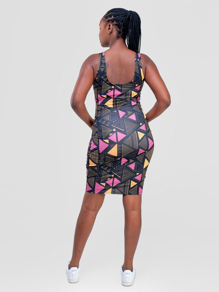 Zoya Essentials Midi Bodycon - Black / Purple Geometric Print - Shopzetu