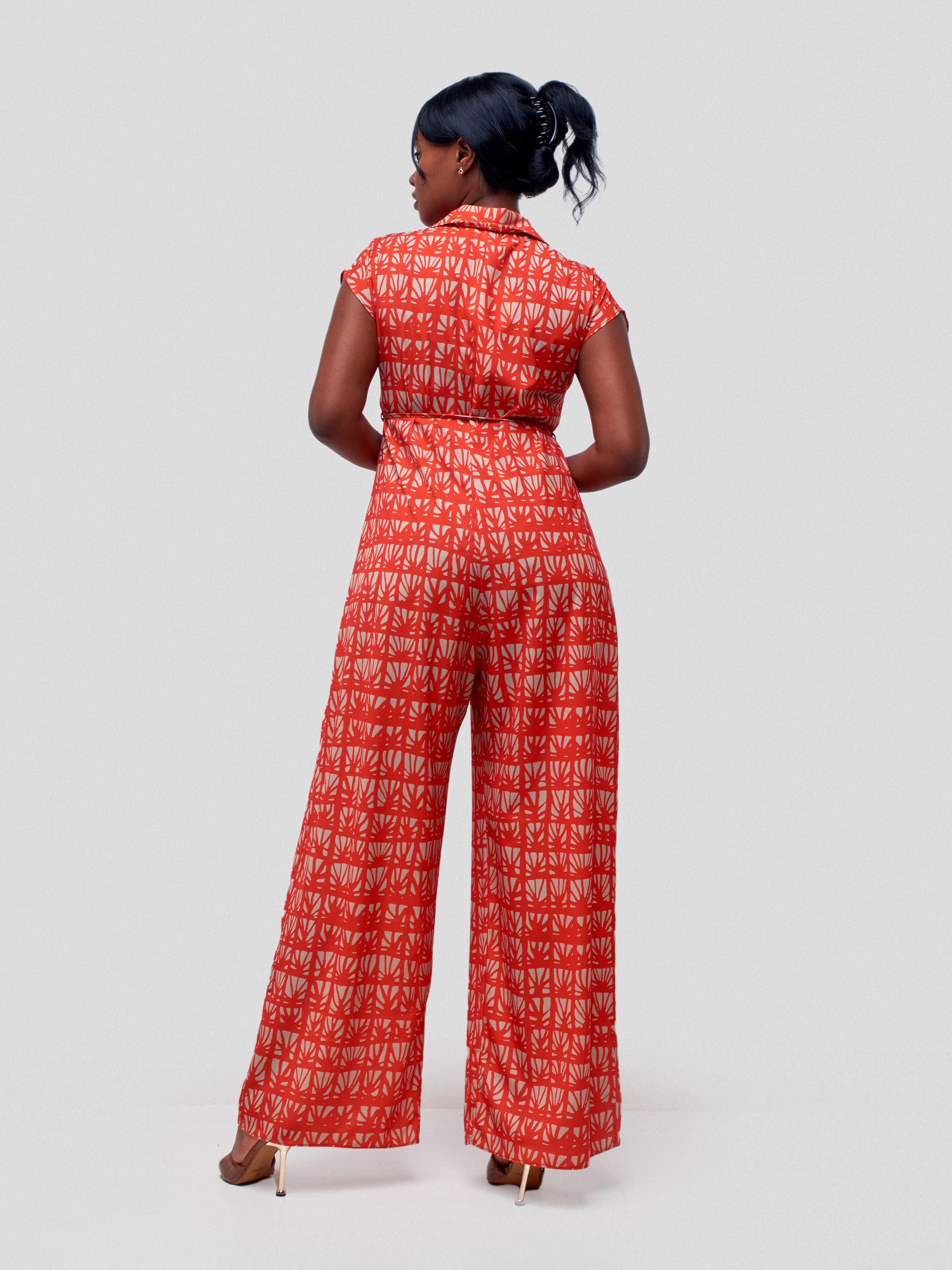 Vivo Dali Drop Shoulder Jumpsuit - Red / Taupe Mtende Abstract Print