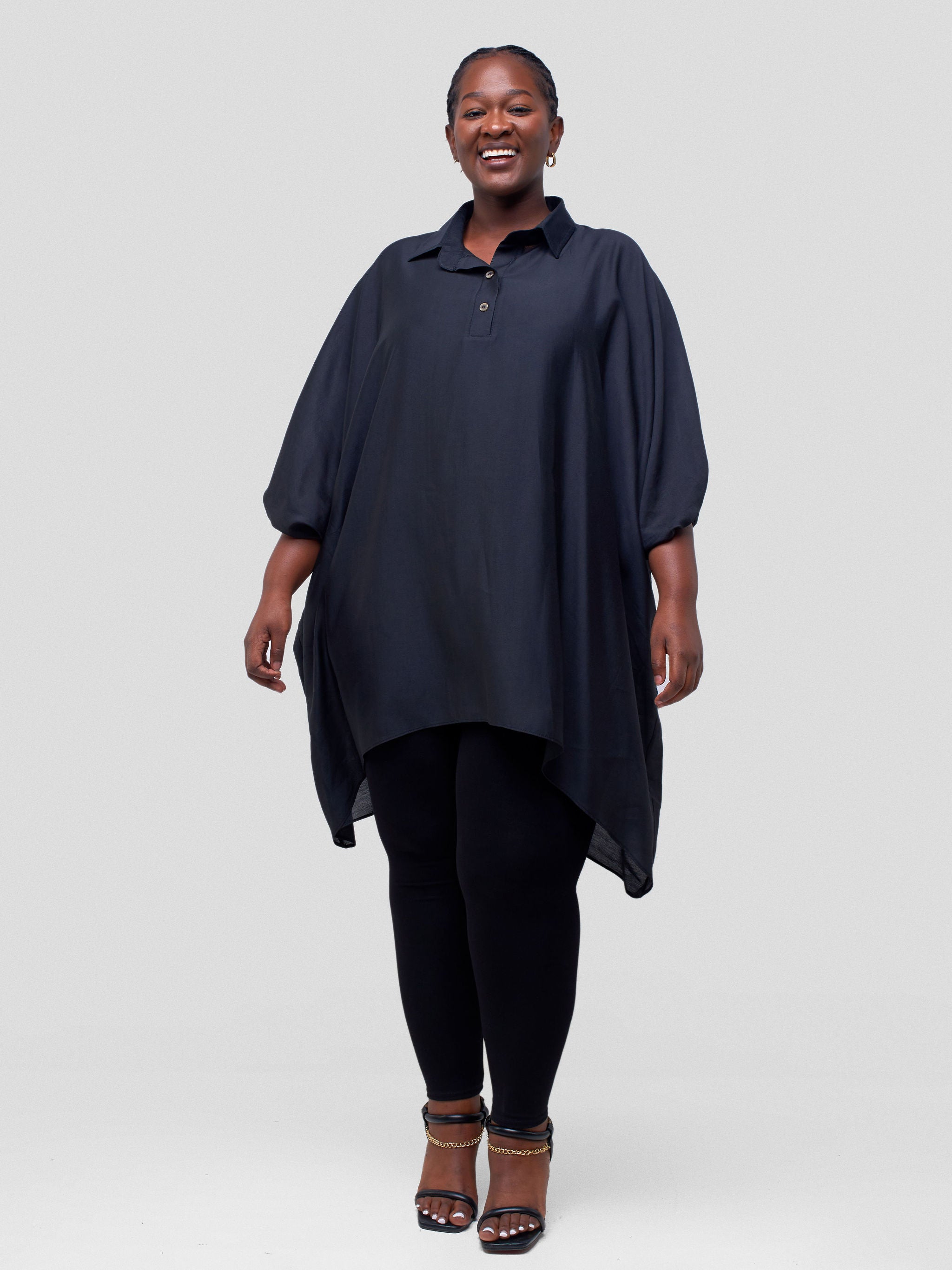 Vivo Ava Shirt Collar Tunic Top - Black