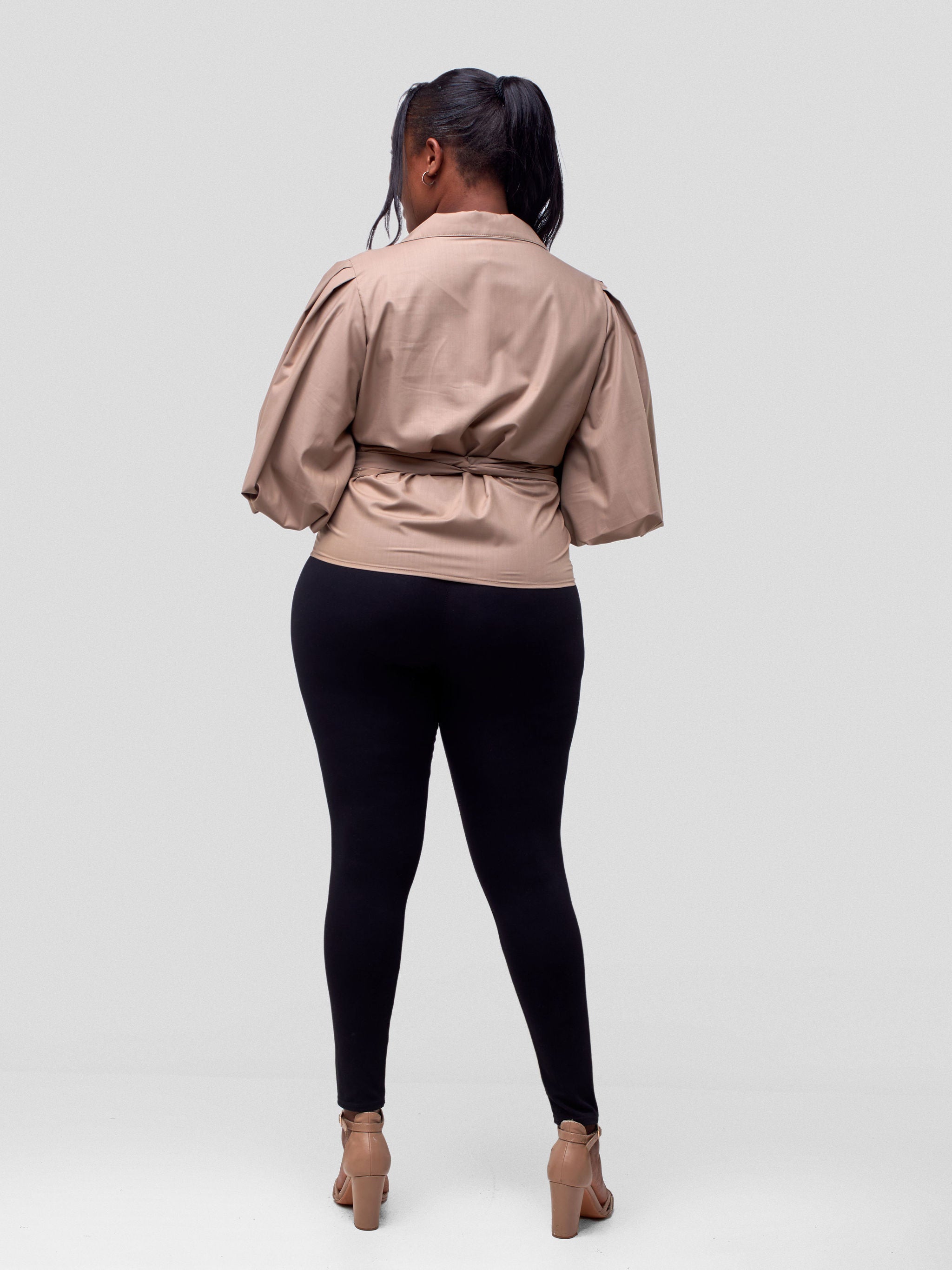 Vivo Ava Bubble Sleeve Wrap Top - Taupe