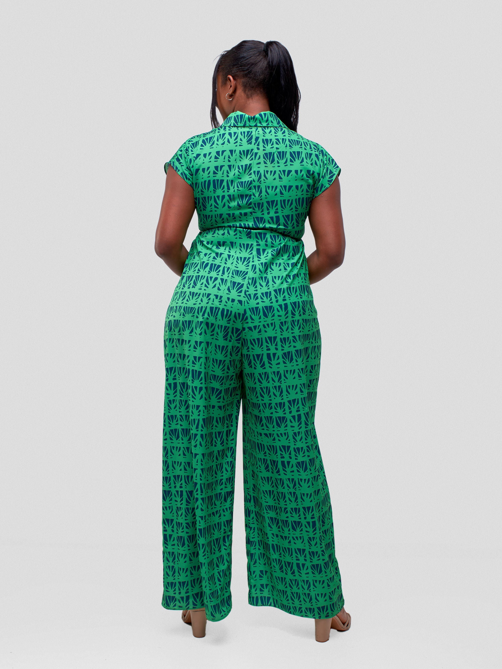Vivo Dali Drop Shoulder Jumpsuit - Green / Navy Mtende Abstract Print