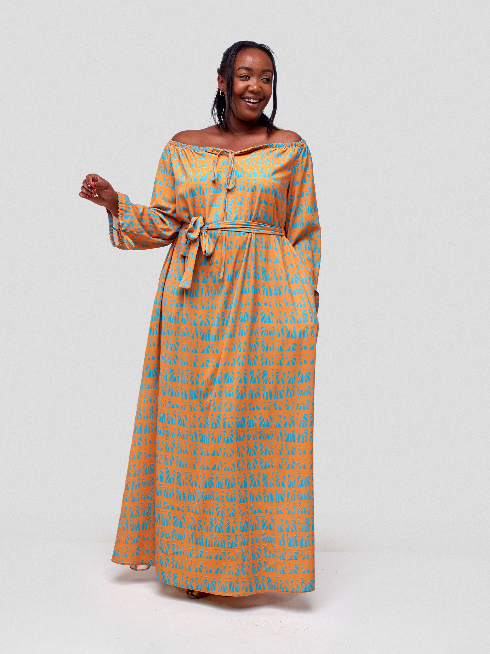 Vivo Zahari Off-Shoulder Maxi Dress - Mustard / Teal Mtende Abstract Print