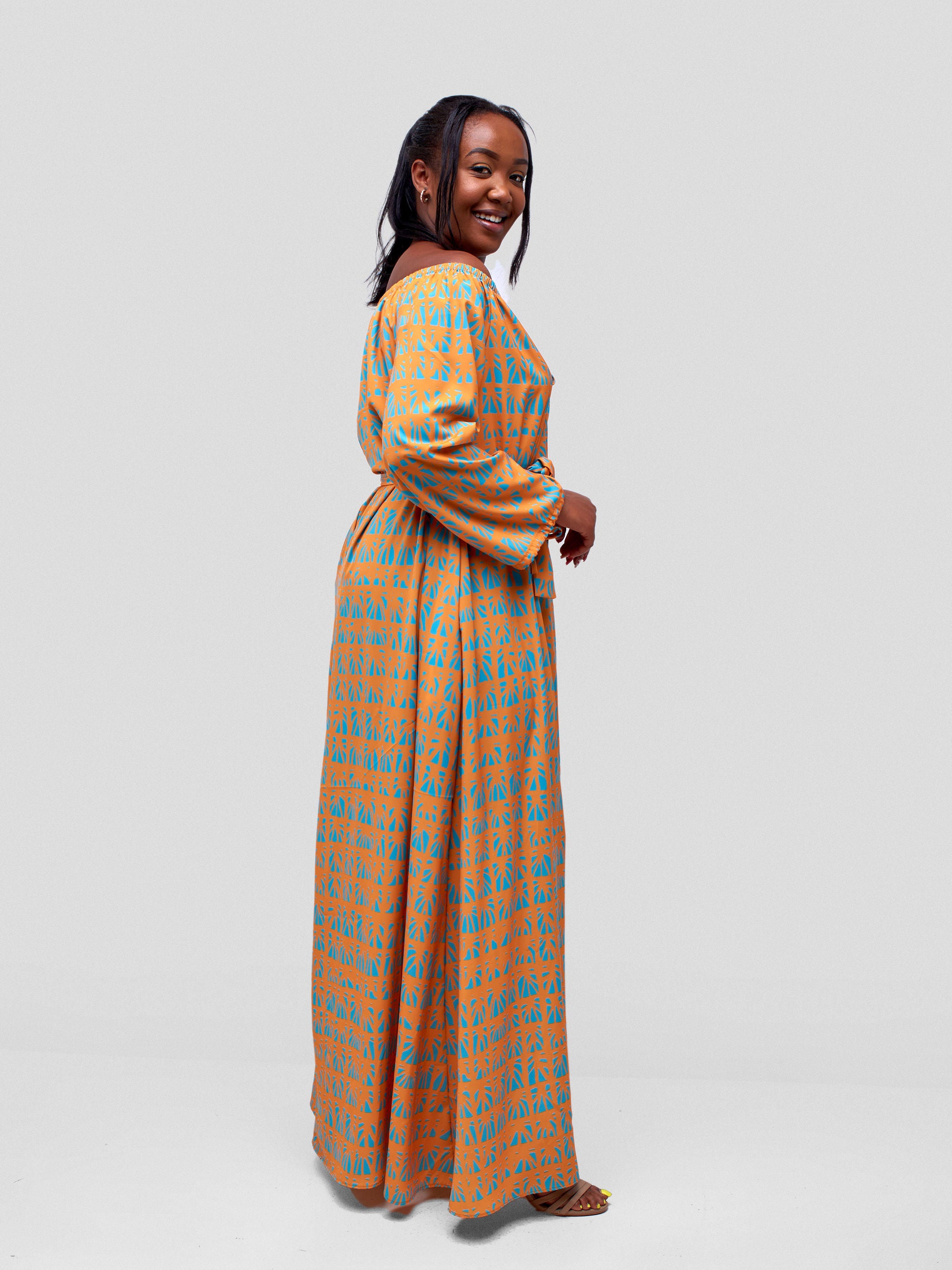 Vivo Zahari Off-Shoulder Maxi Dress - Mustard / Teal Mtende Abstract Print