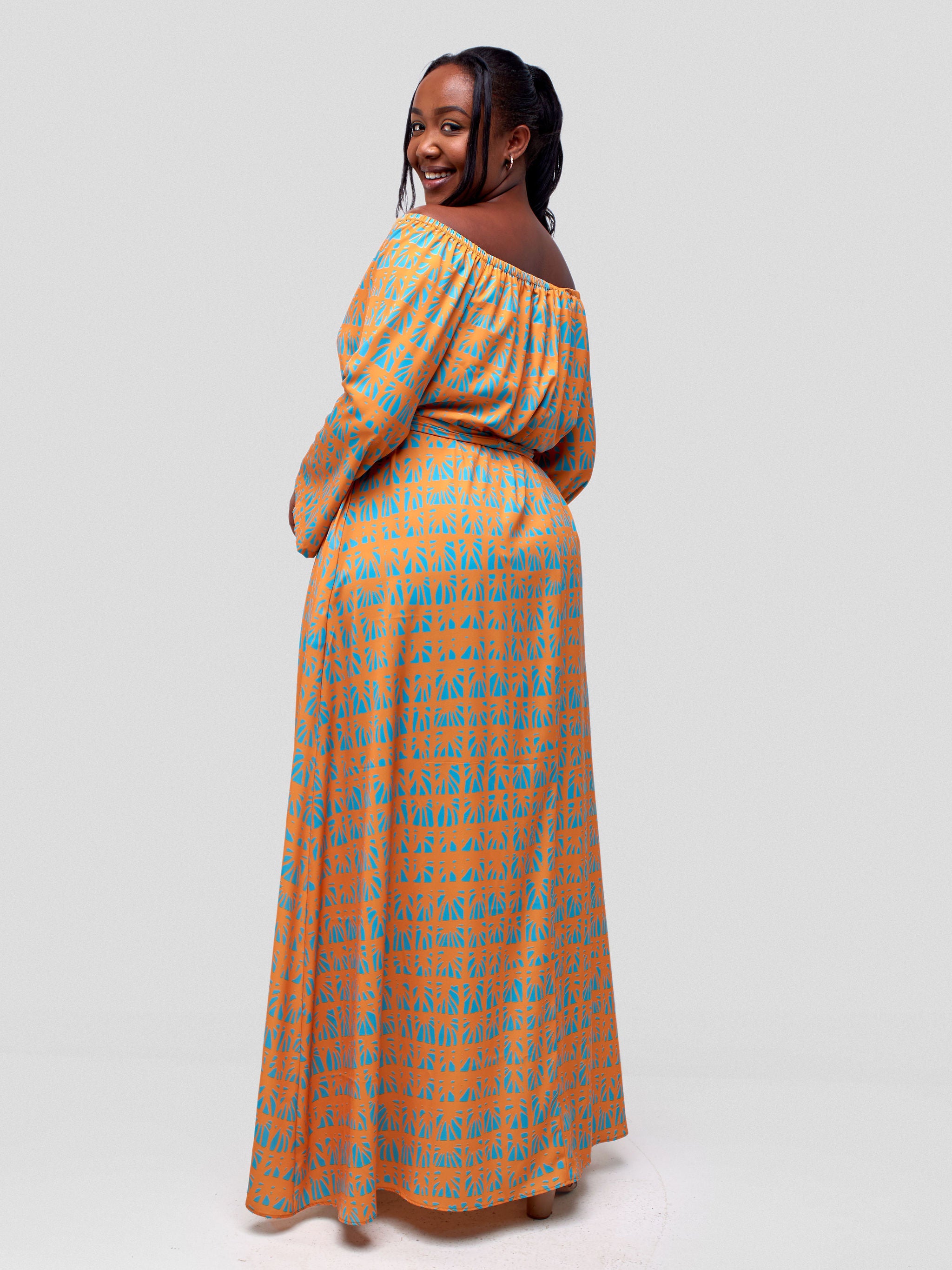 Vivo Zahari Off-Shoulder Maxi Dress - Mustard / Teal Mtende Abstract Print