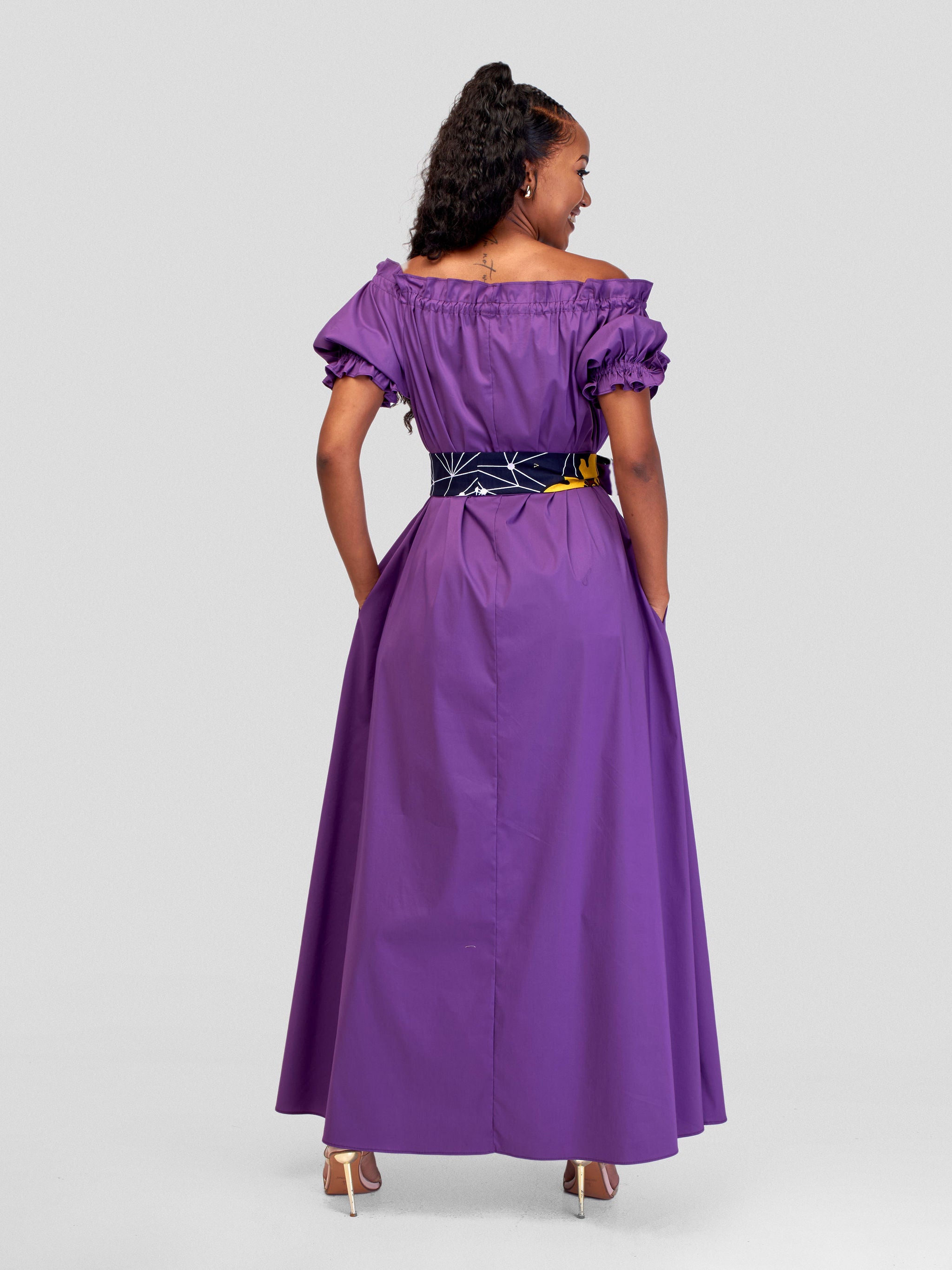 Safari Mali Off Shoulder Ruffle Maxi Dress - Purple