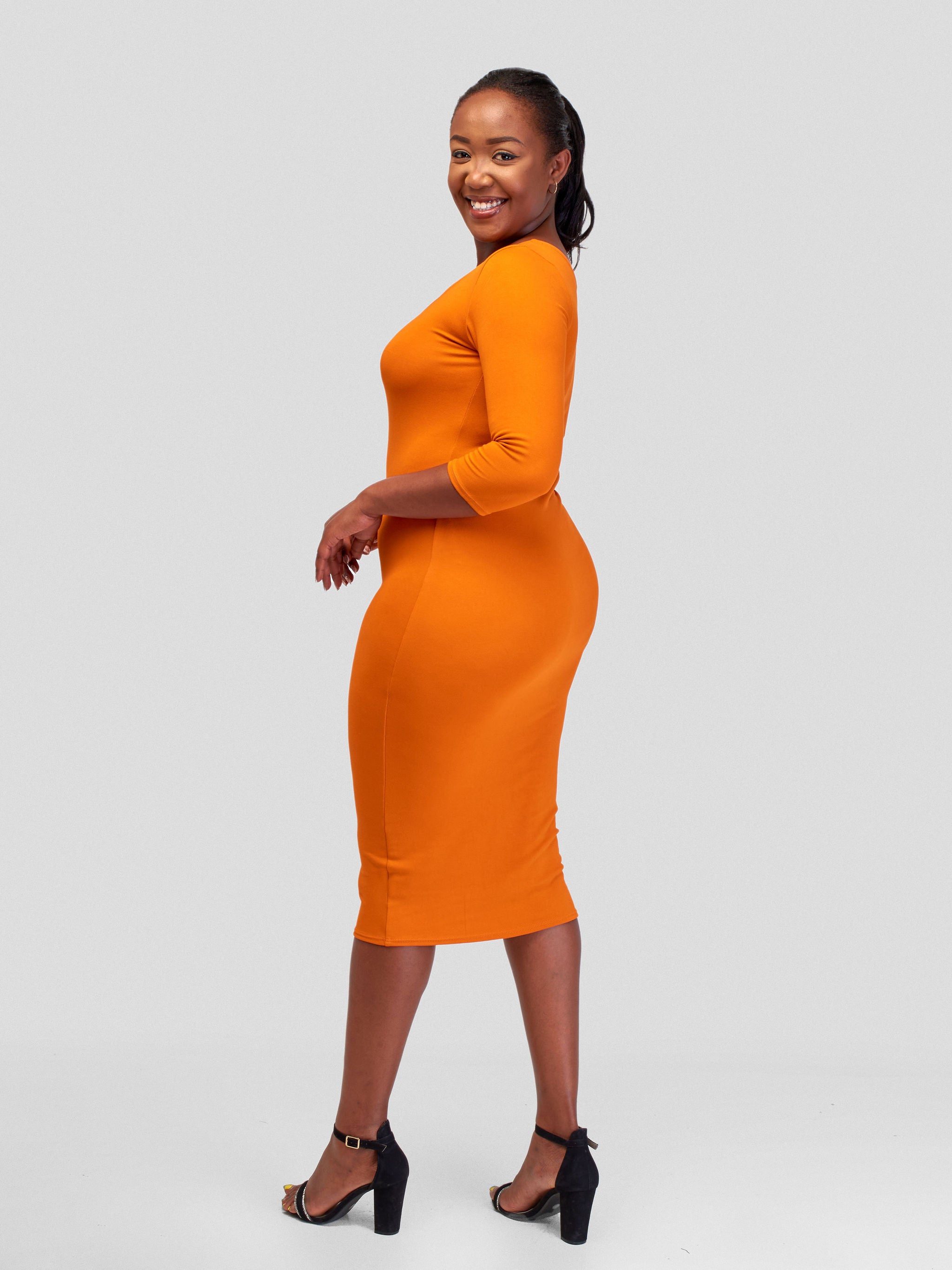 Vivo Basic 3/4 Sleeve Leila Bodycon Dress - Burnt Orange