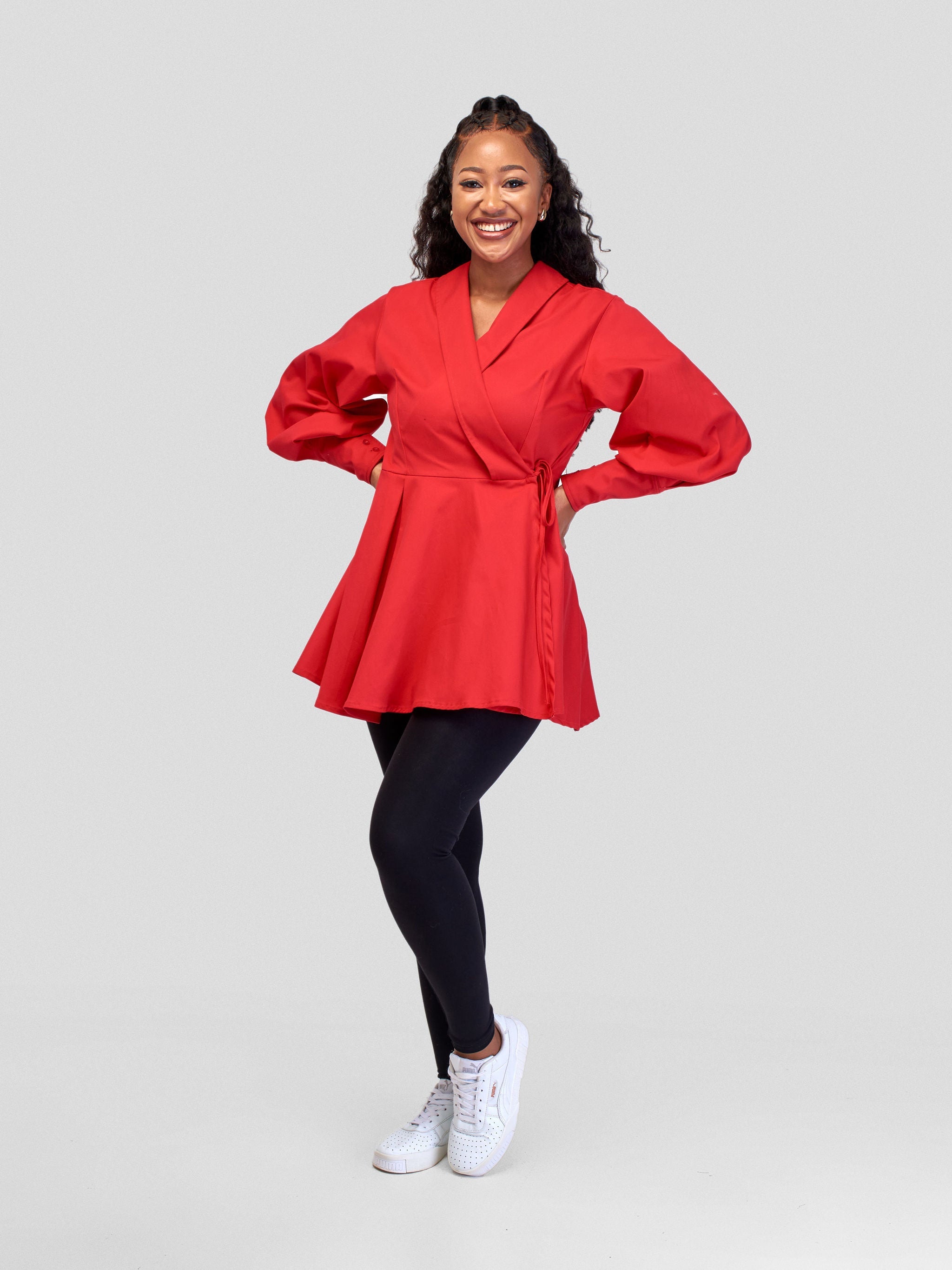 Safari Hawi Peplum Bishop Sleeve Wrap Coat - Red