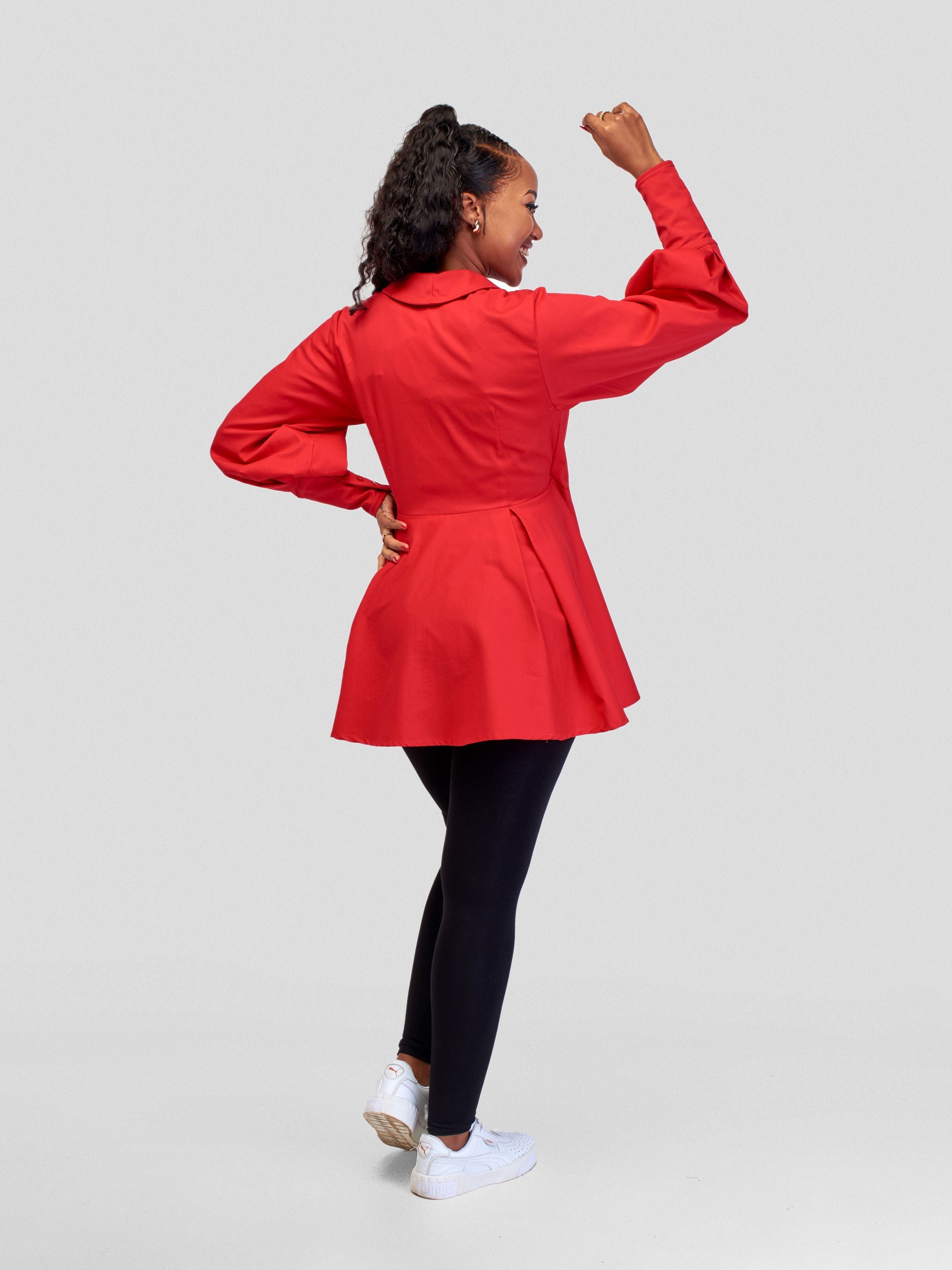 Safari Hawi Peplum Bishop Sleeve Wrap Coat - Red