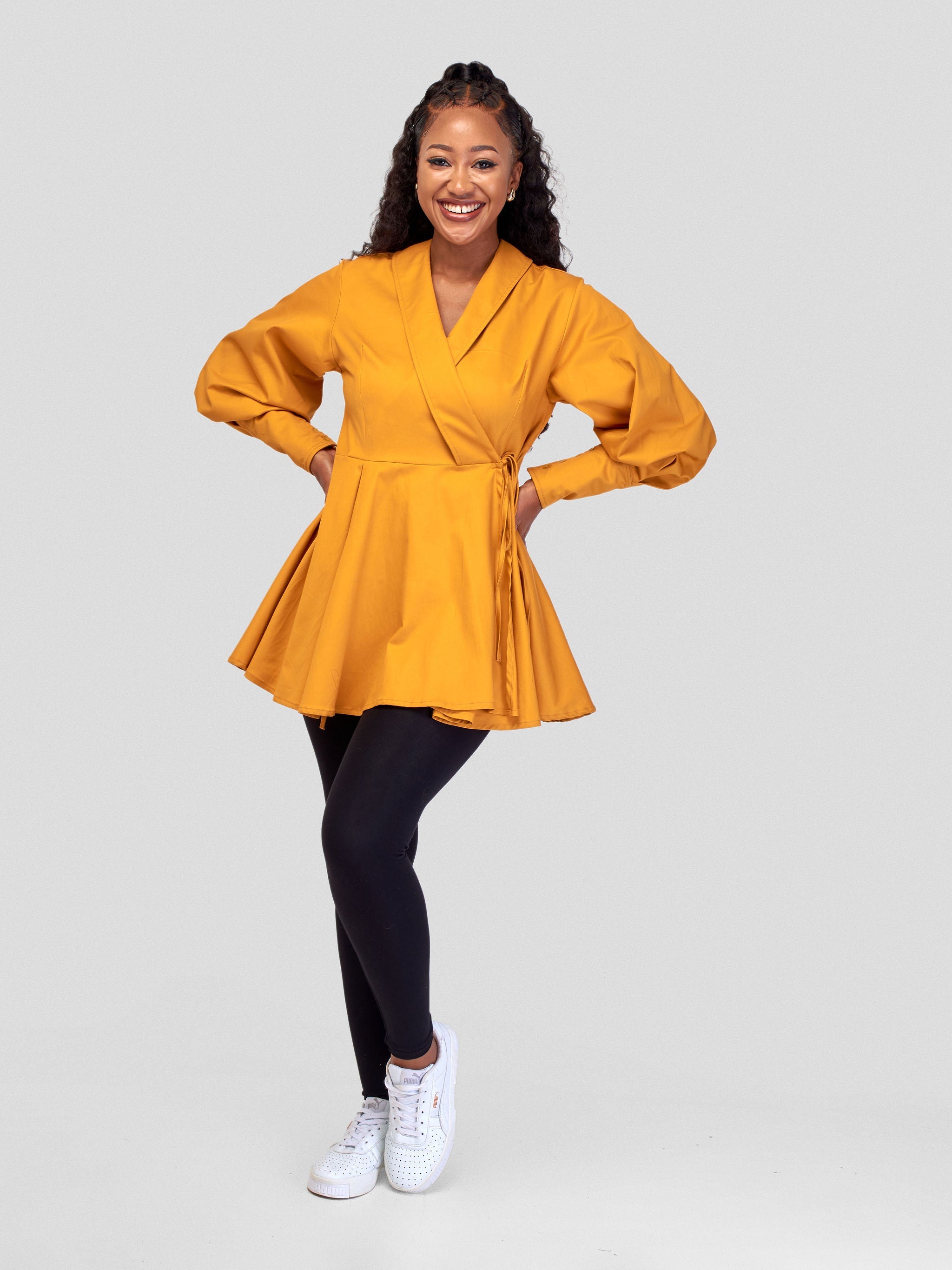 Safari Hawi Peplum Bishop Sleeve Wrap Coat - Mustard