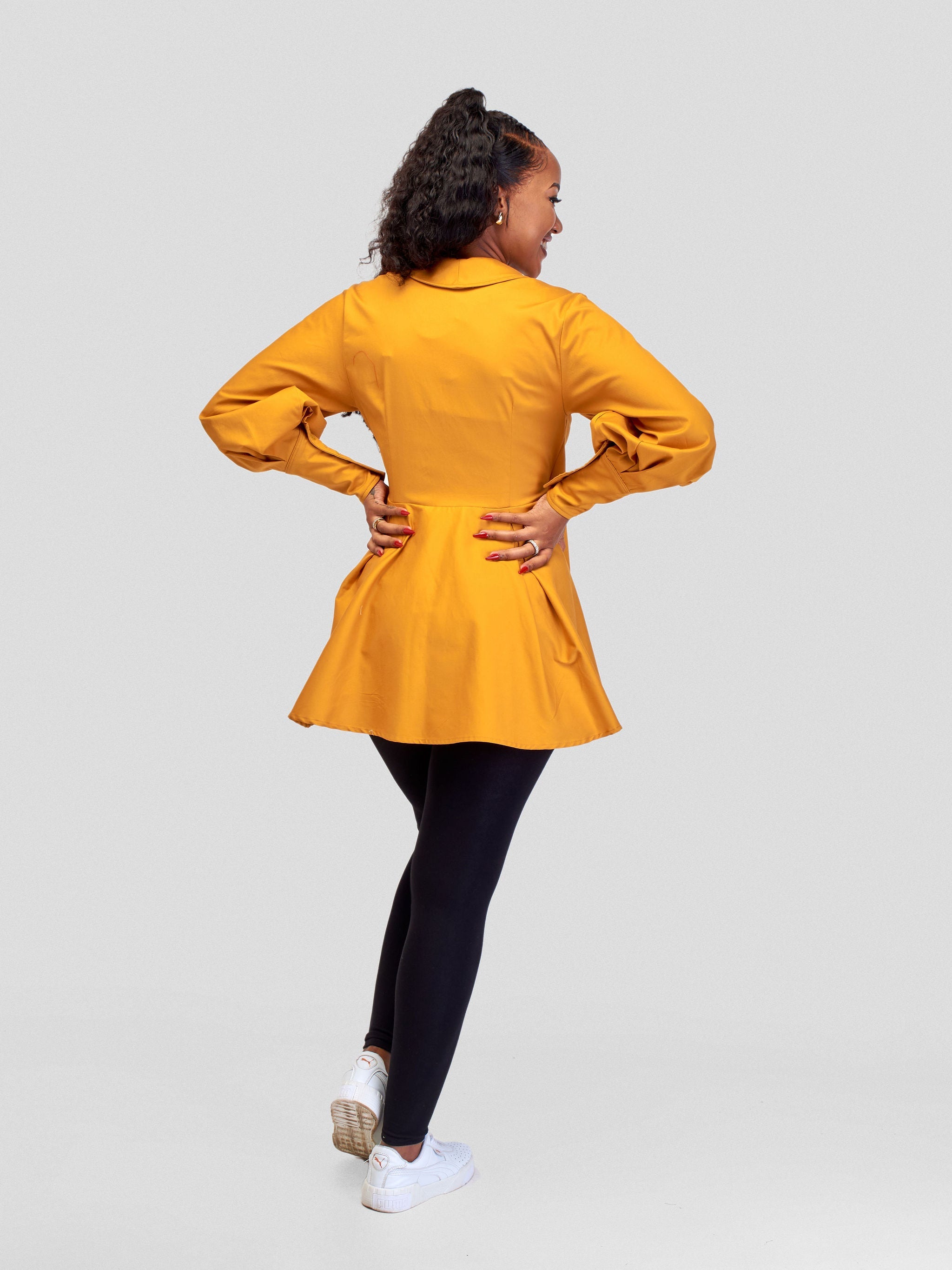 Safari Hawi Peplum Bishop Sleeve Wrap Coat - Mustard