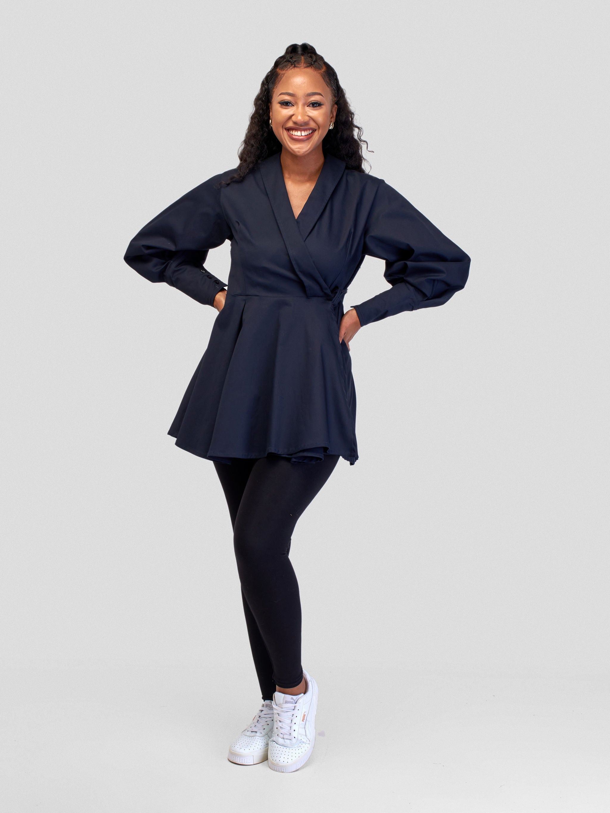 Safari Hawi Peplum Bishop Sleeve Wrap Coat - Navy Blue