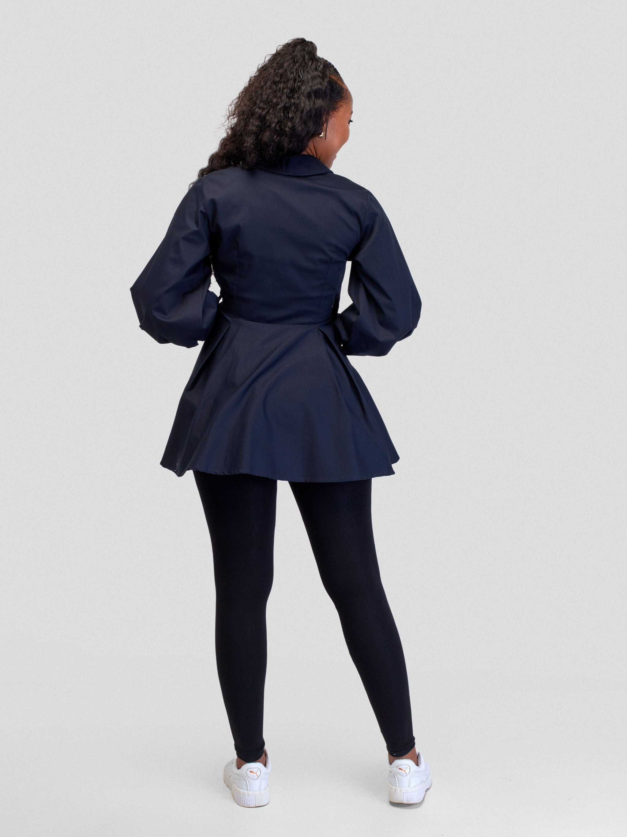 Safari Hawi Peplum Bishop Sleeve Wrap Coat - Navy Blue