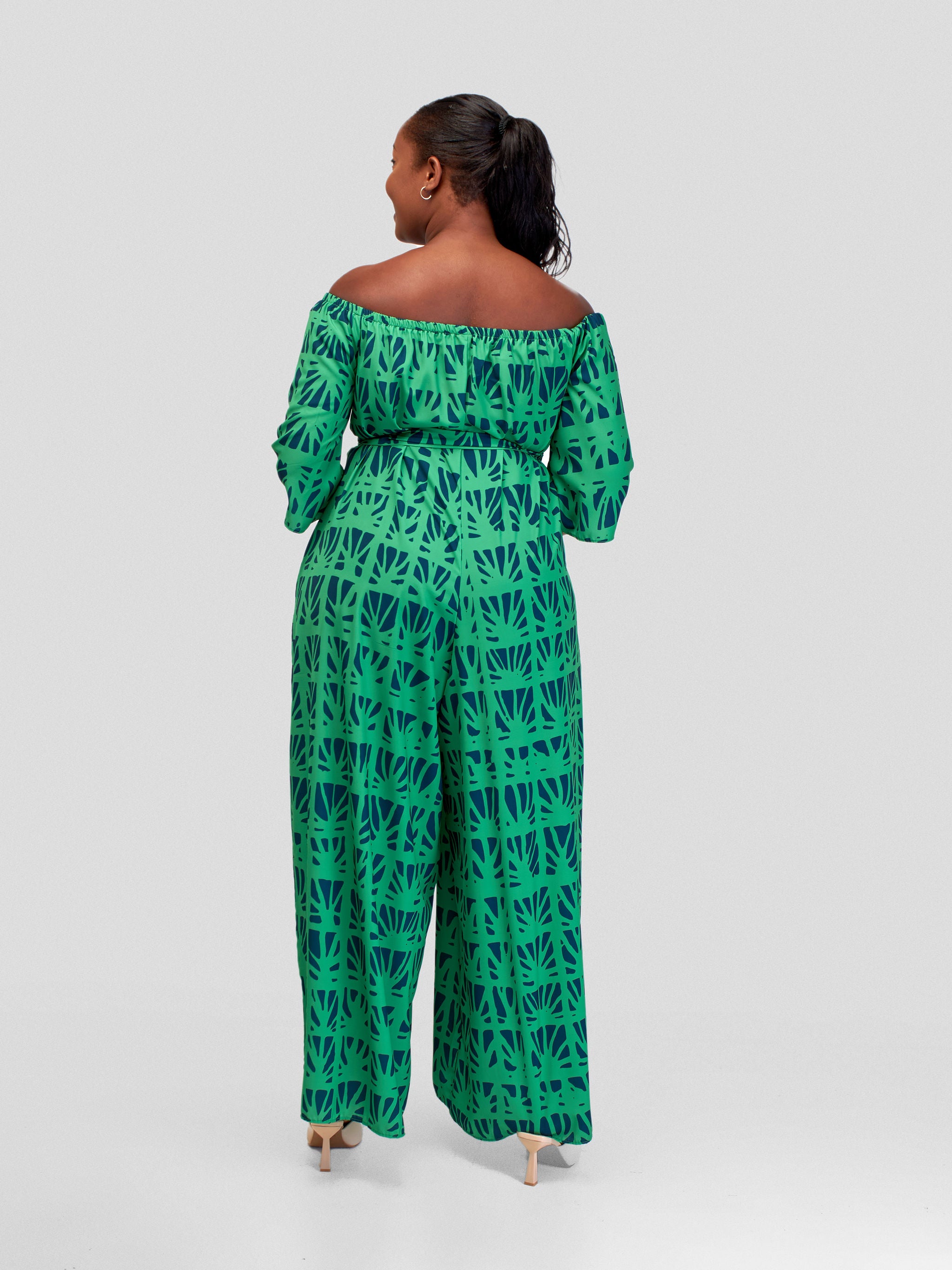 Vivo Zahari 3/4 Sleeve Off-Shoulder Jumpsuit - Green / Navy Mtende Abstract Print