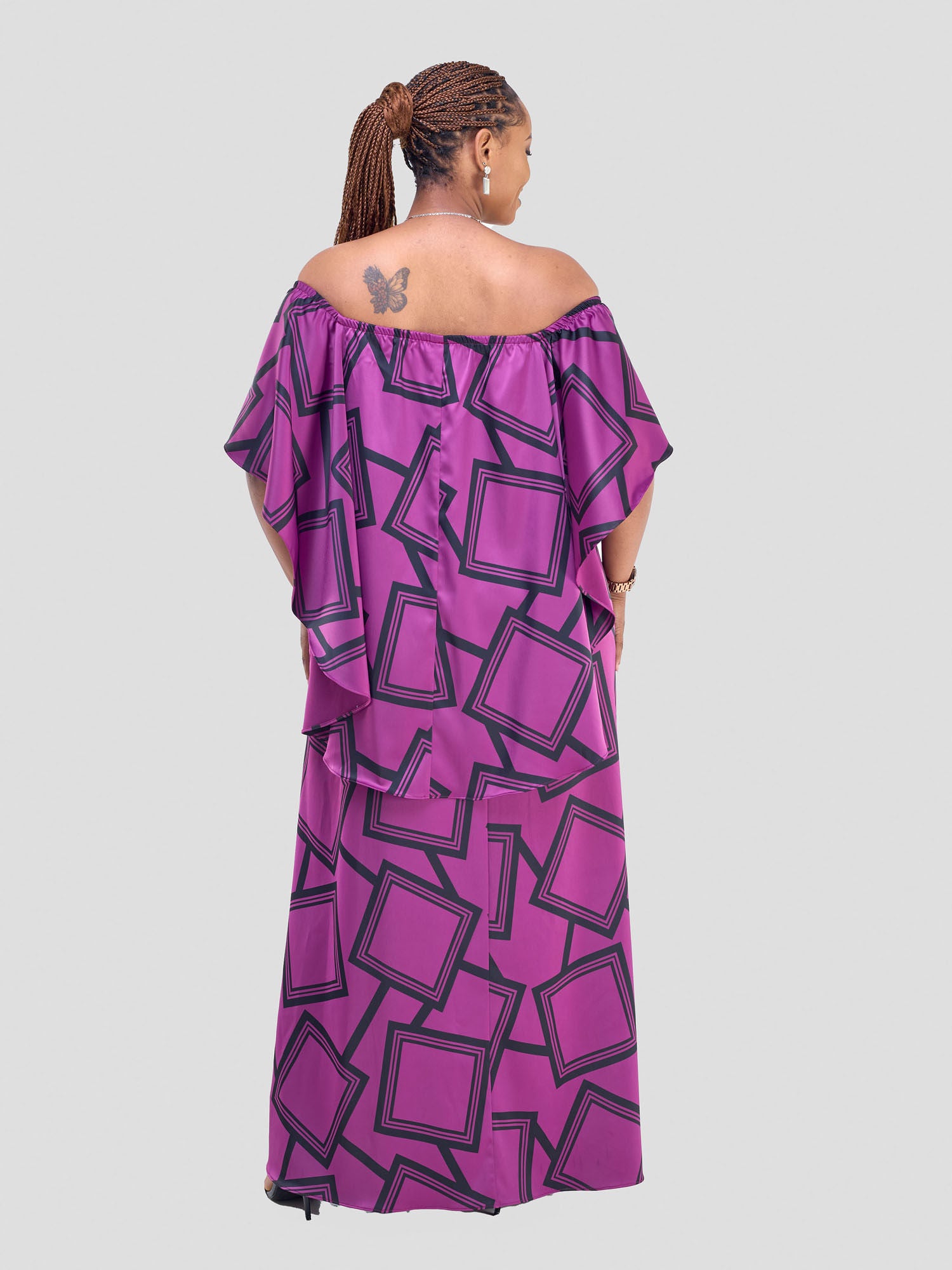 Vivo Amai Off-Shoulder Maxi Dress - Purple / Black Biya Print