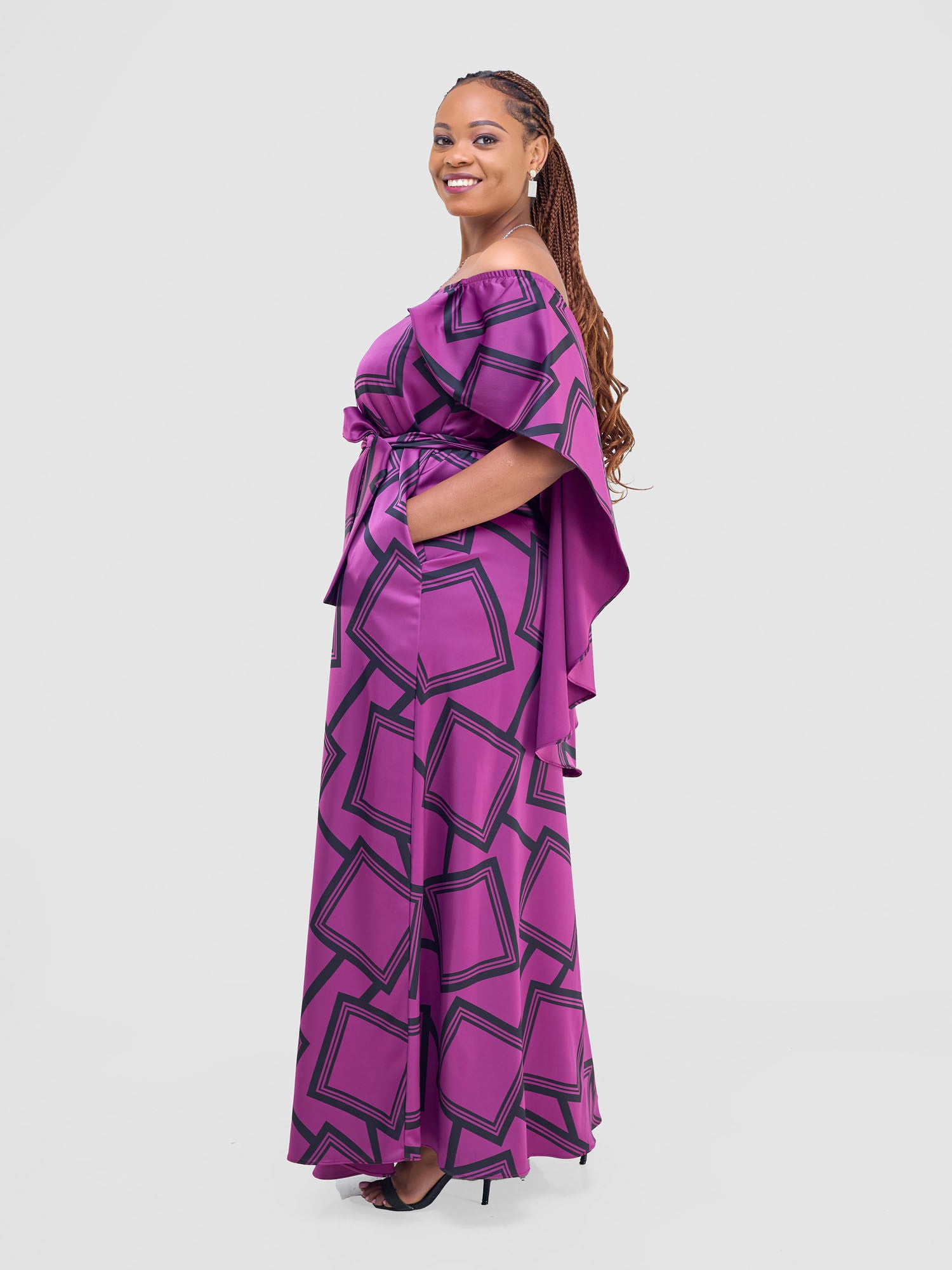 Vivo Amai Off-Shoulder Maxi Dress - Purple / Black Biya Print
