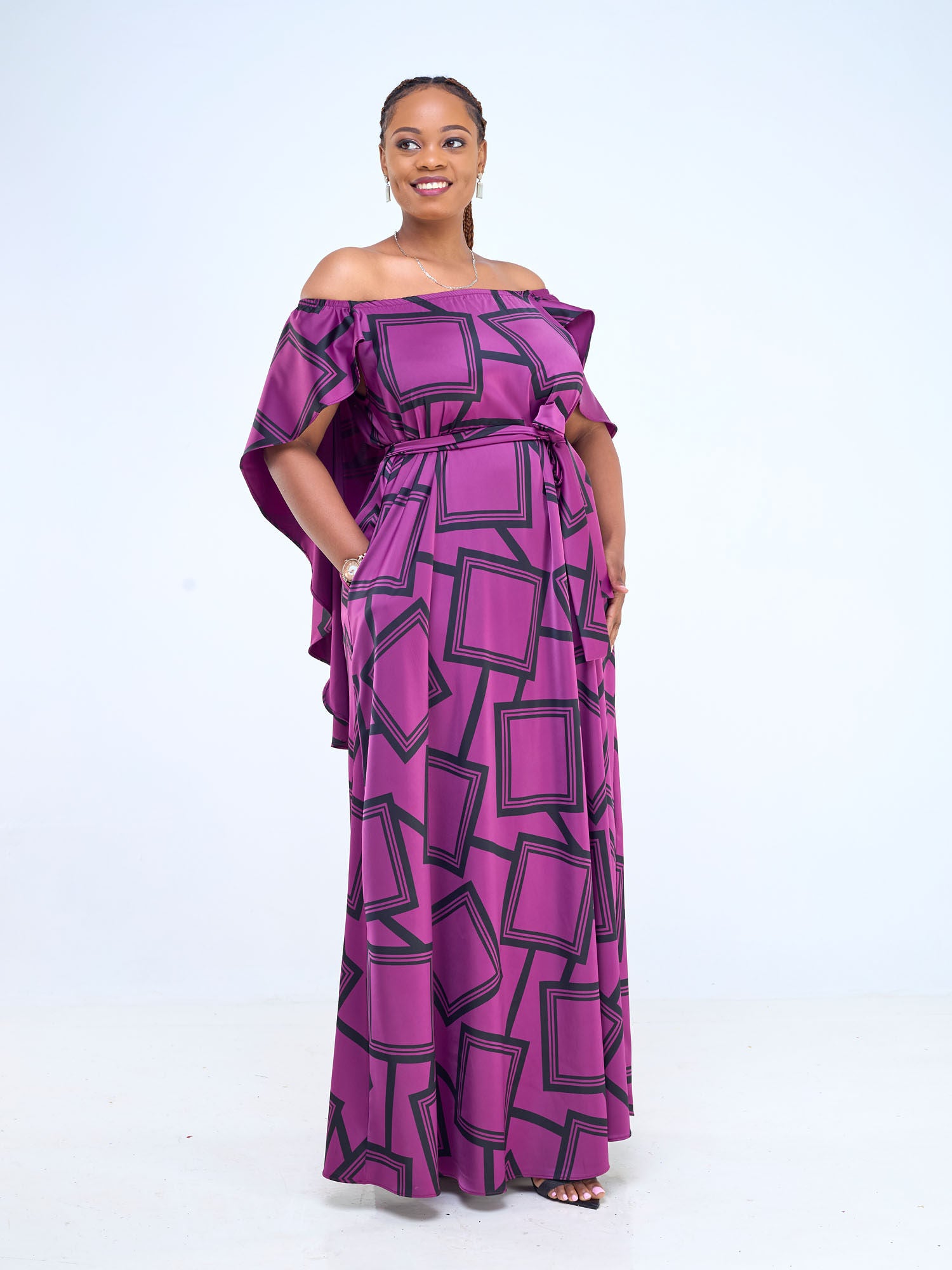 Vivo Amai Off-Shoulder Maxi Dress - Purple / Black Biya Print