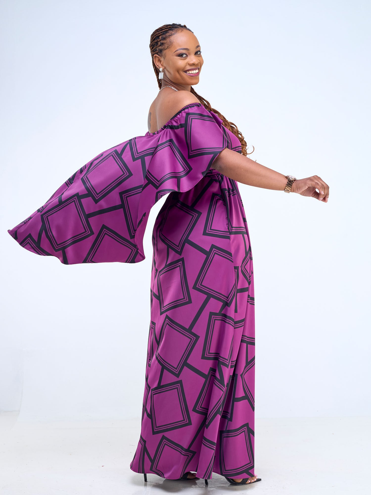 Vivo Amai Off-Shoulder Maxi Dress - Purple / Black Biya Print