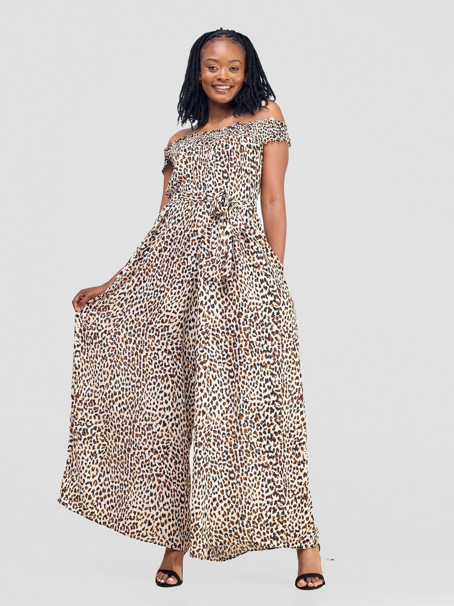 Vivo Alek Shirred Off- Shoulder Jumpsuit - Brown / White Print