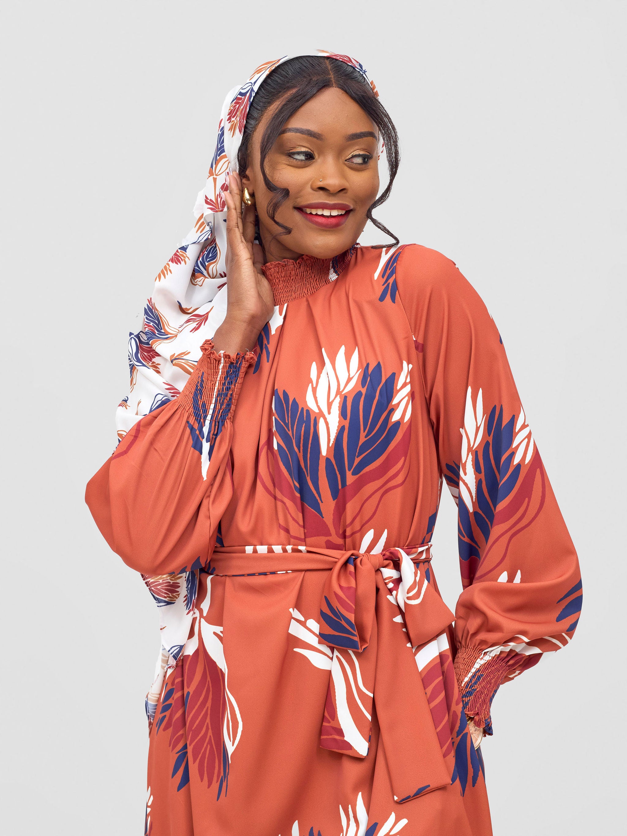 Vivo Ayah Shirred Neck Tent Maxi Dress - Rust / Navy Yana Print