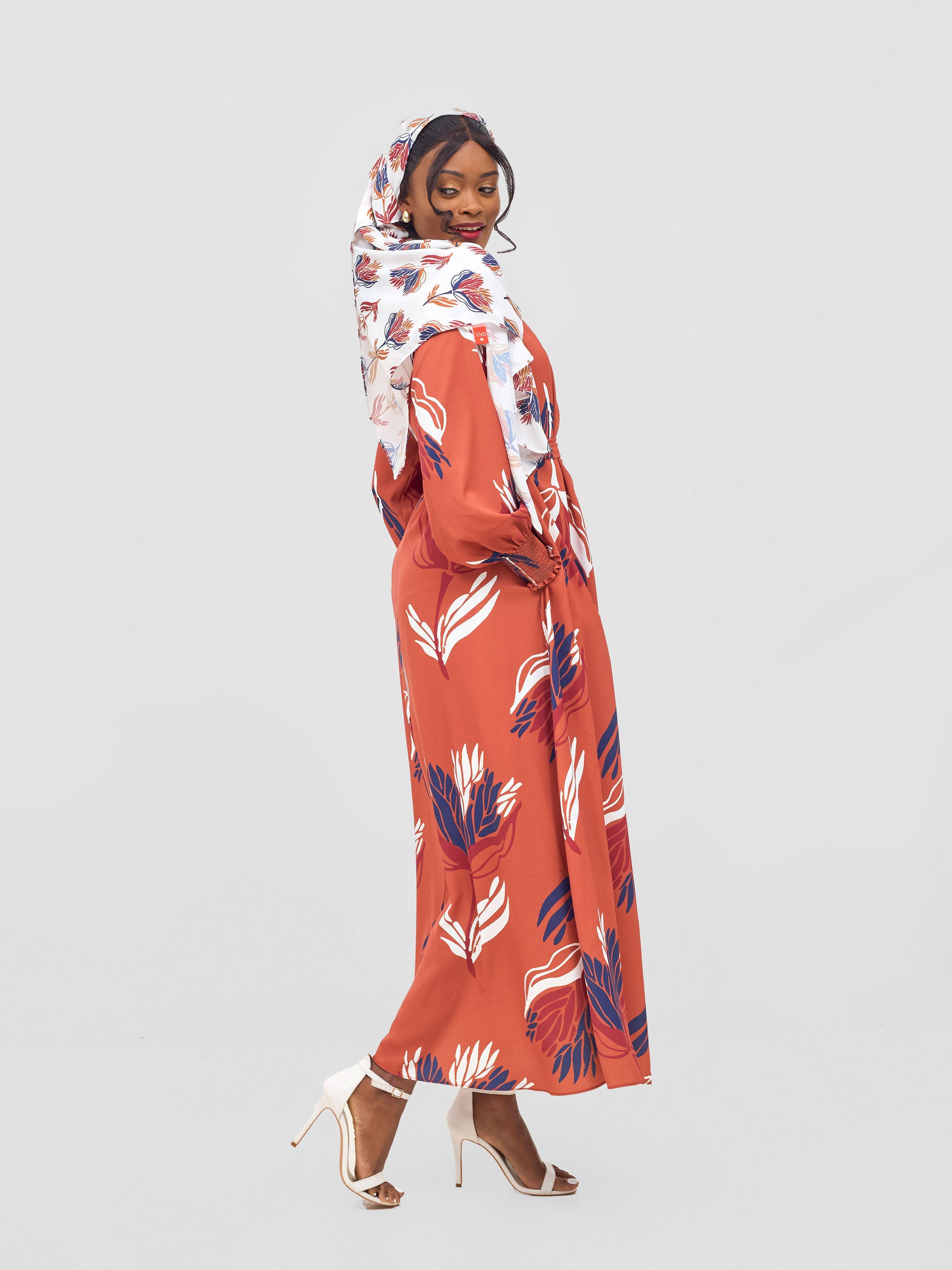Vivo Ayah Shirred Neck Tent Maxi Dress - Rust / Navy Yana Print