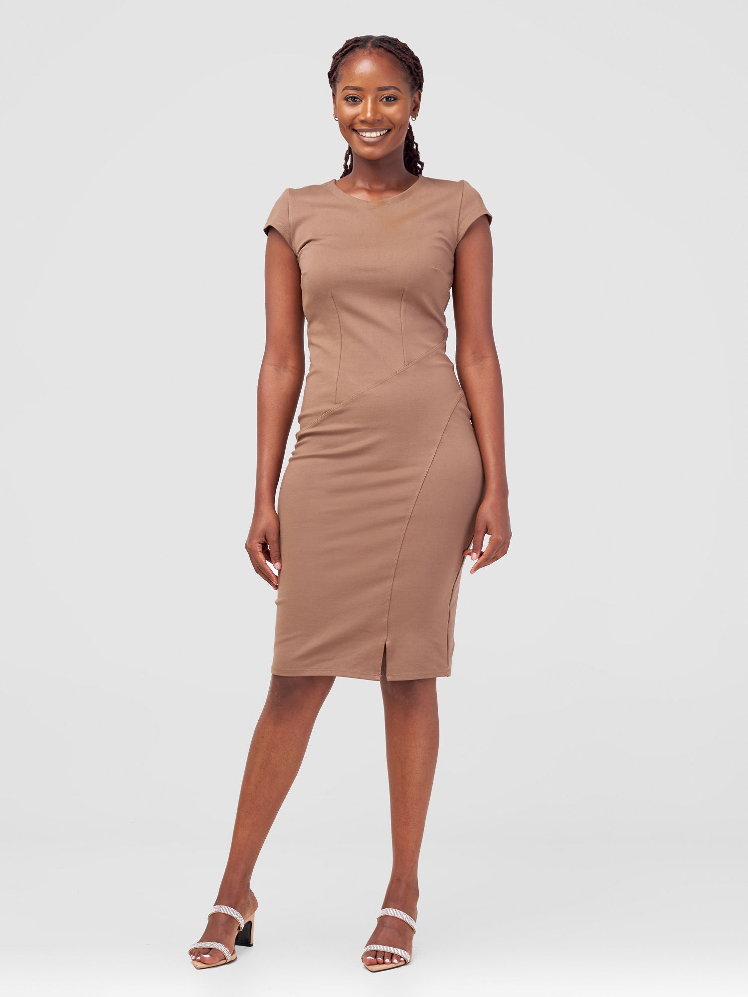 Vivo Fasi Cap Sleeve Asymmetrical Panel Sheath Dress - Taupe