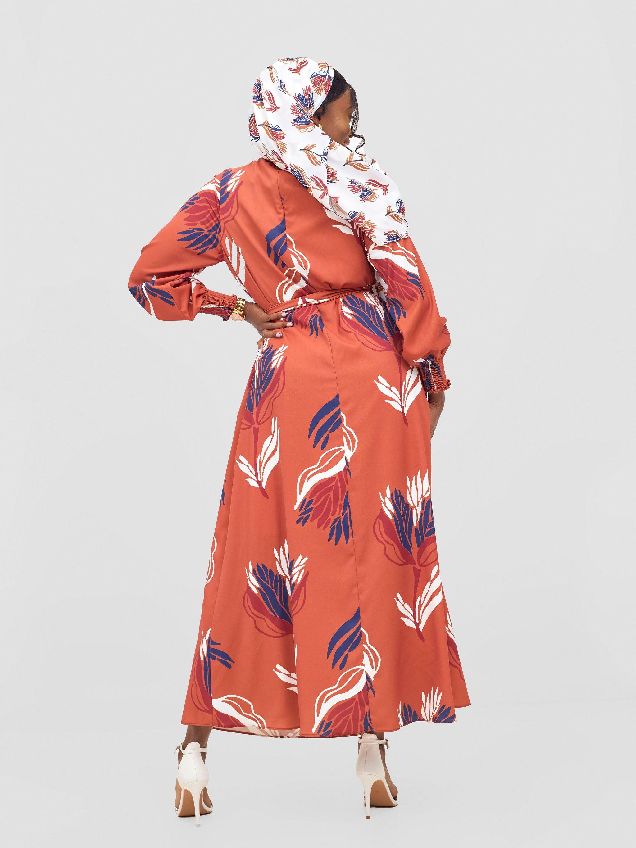 Vivo Ayah Shirred Neck Tent Maxi Dress - Rust / Navy Yana Print