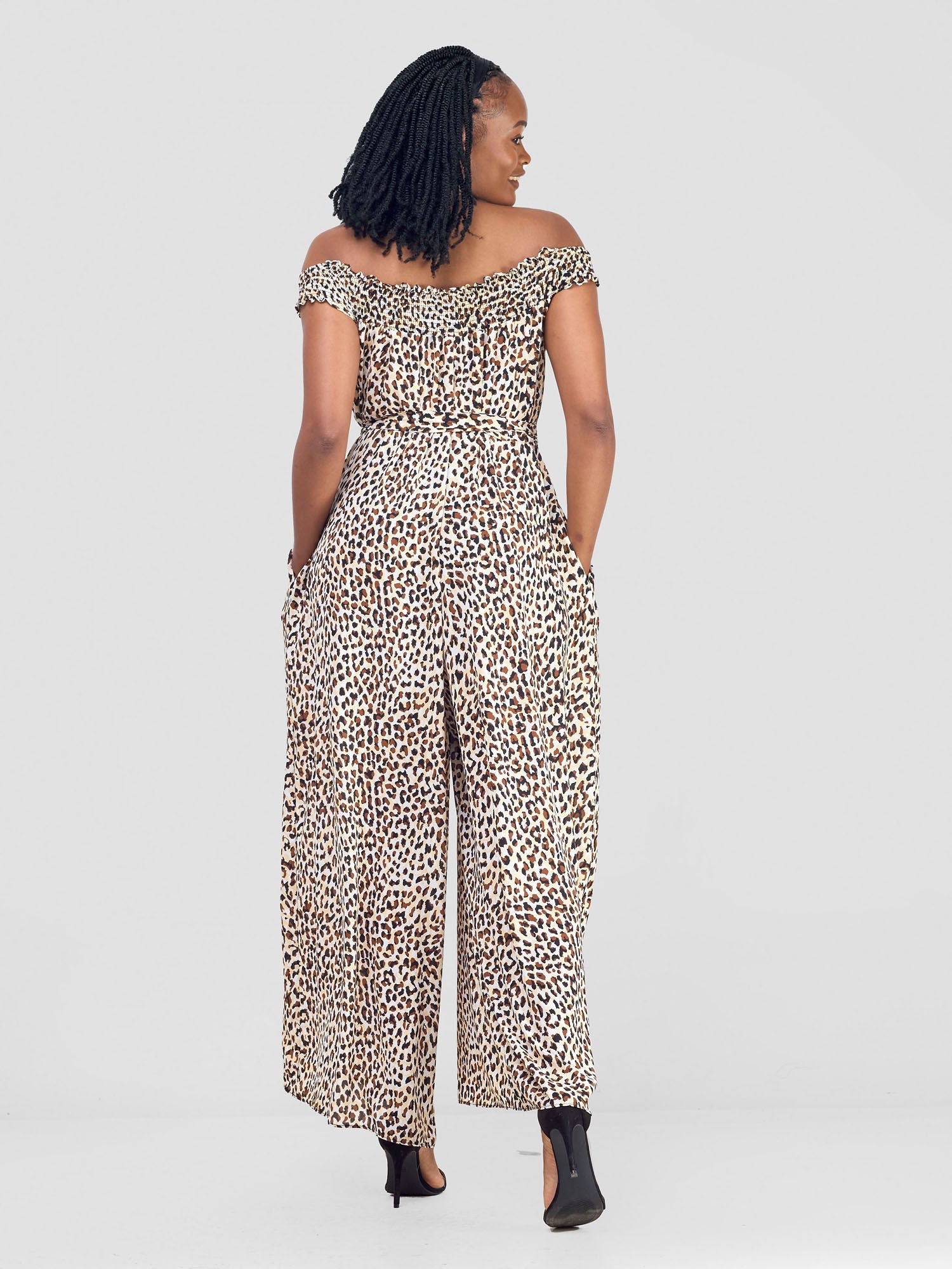 Vivo Alek Shirred Off- Shoulder Jumpsuit - Brown / White Print