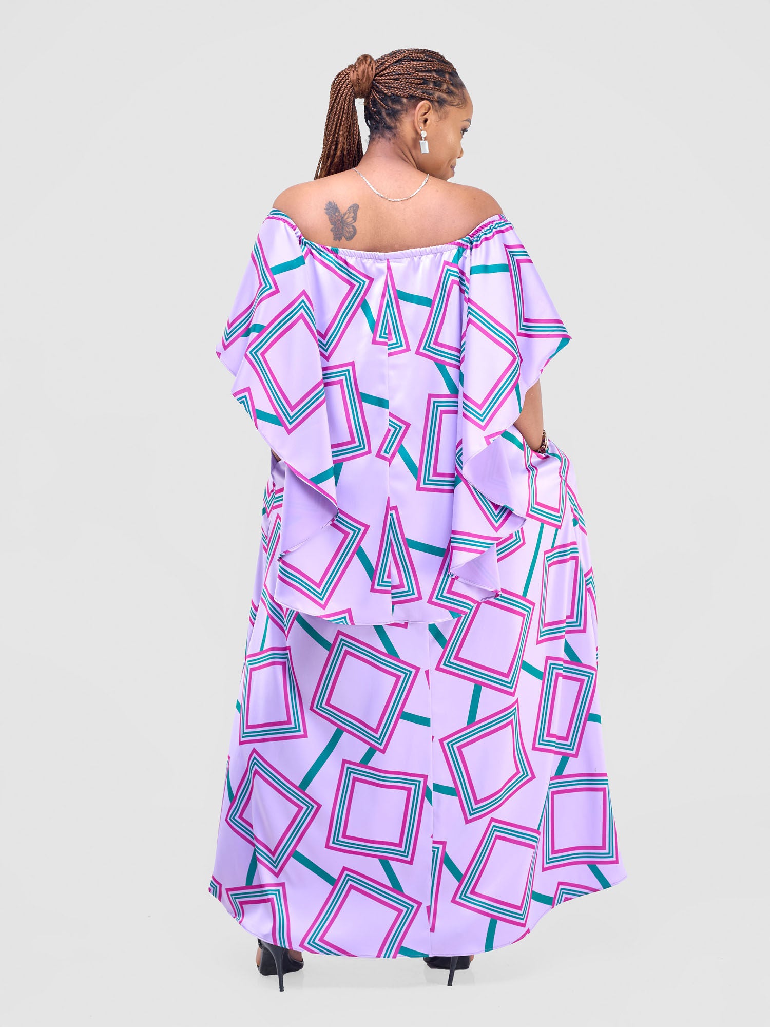 Vivo Amai Off-Shoulder Maxi Dress - Lilac / Green Biya Print