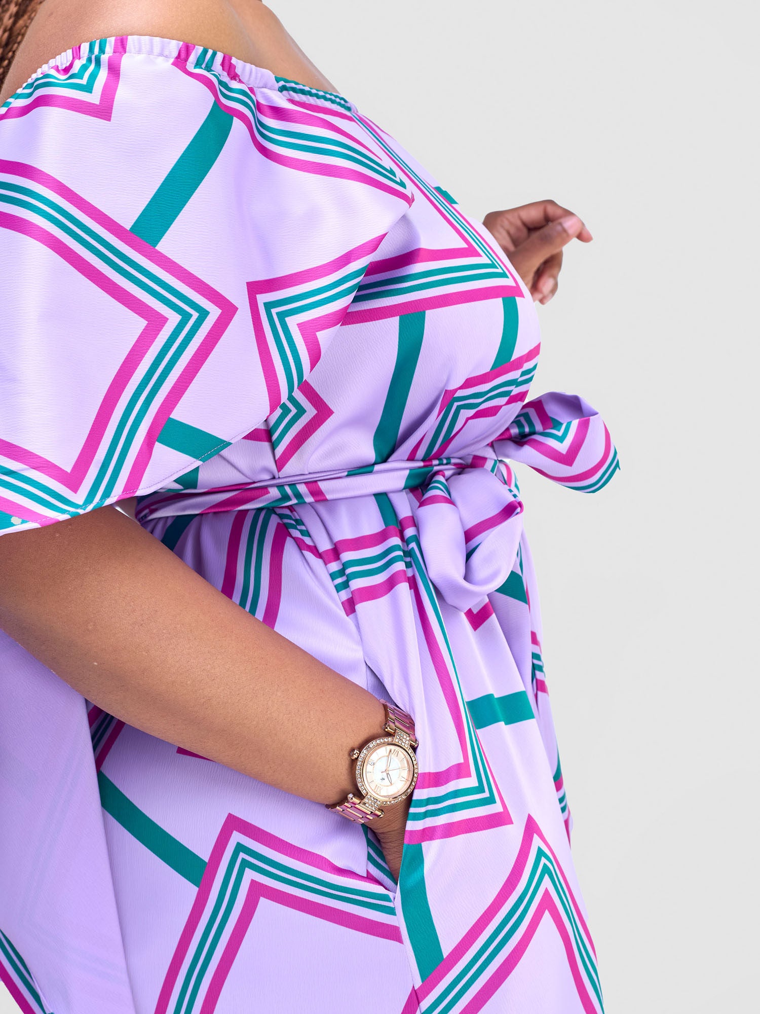 Vivo Amai Off-Shoulder Maxi Dress - Lilac / Green Biya Print