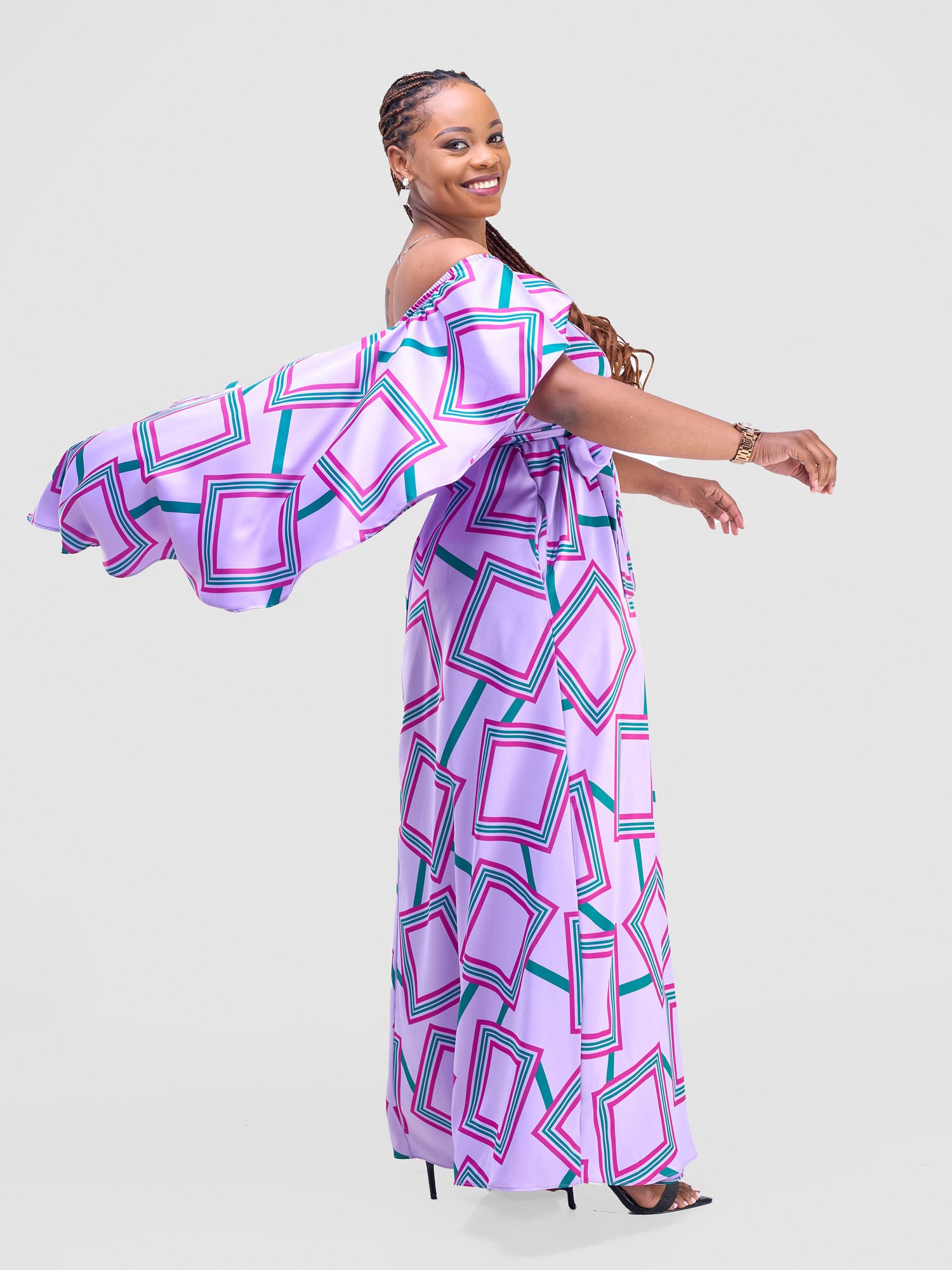 Vivo Amai Off-Shoulder Maxi Dress - Lilac / Green Biya Print